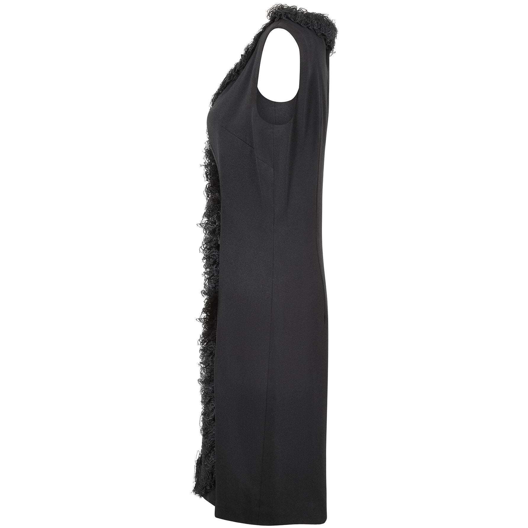 1960s Carnegie Black Crepe Wrap Over Lace Ruffle Hem Dress