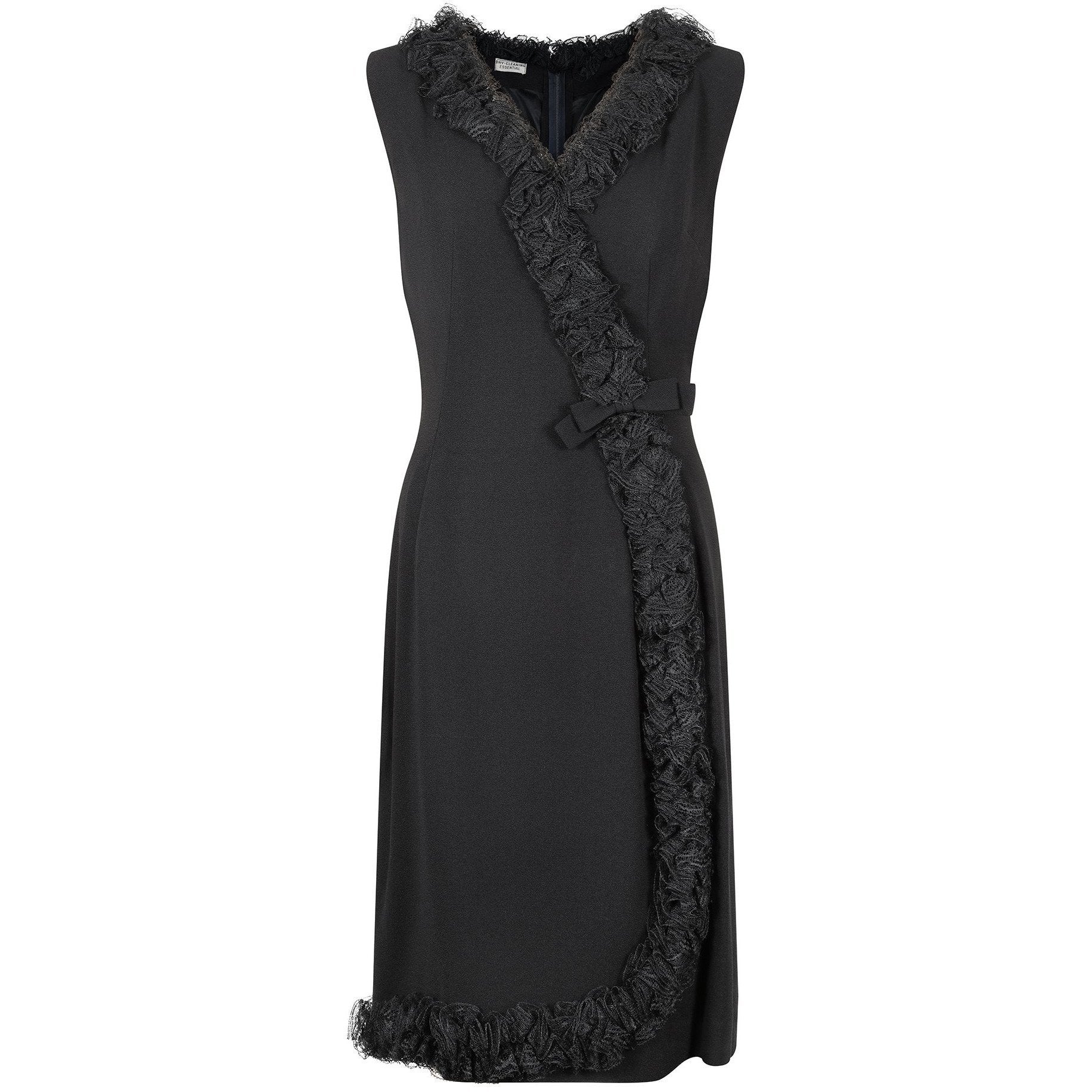 1960s Carnegie Black Crepe Wrap Over Lace Ruffle Hem Dress