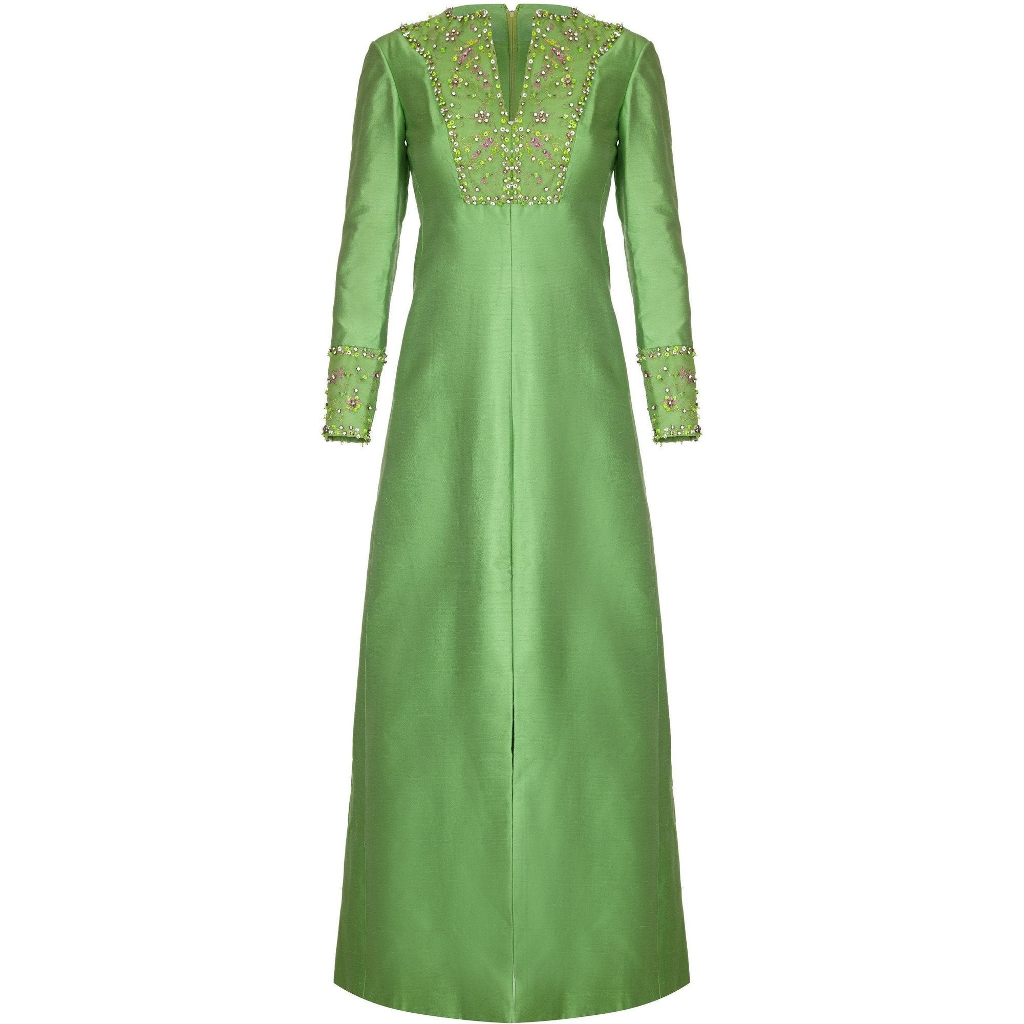 1960s Emerald Green Silk Gino Charles Beaded Rhinestone Dress
