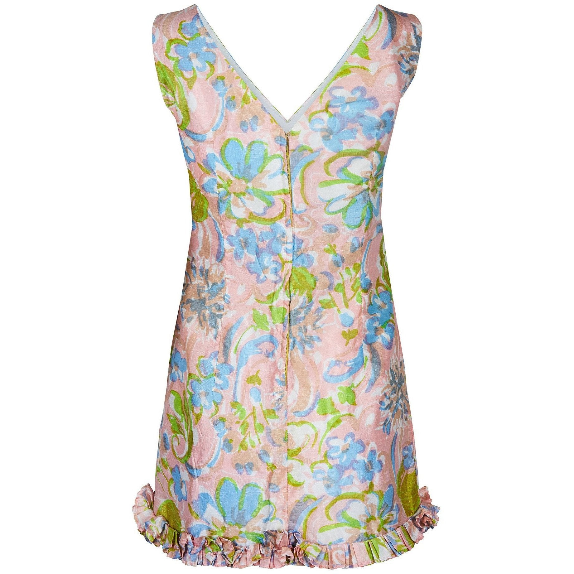 1960s Floral V Neck Mini Dress