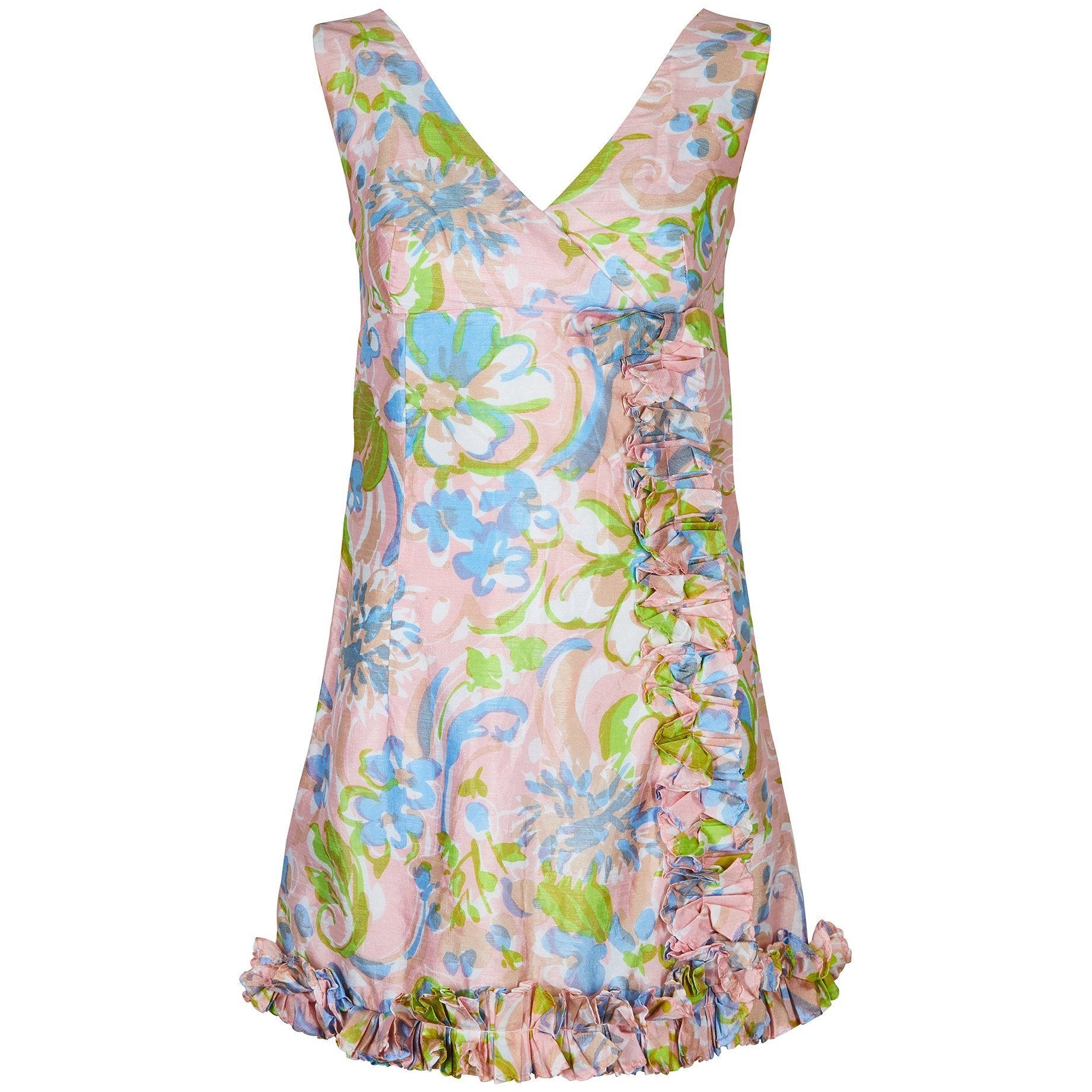 1960s Floral V Neck Mini Dress