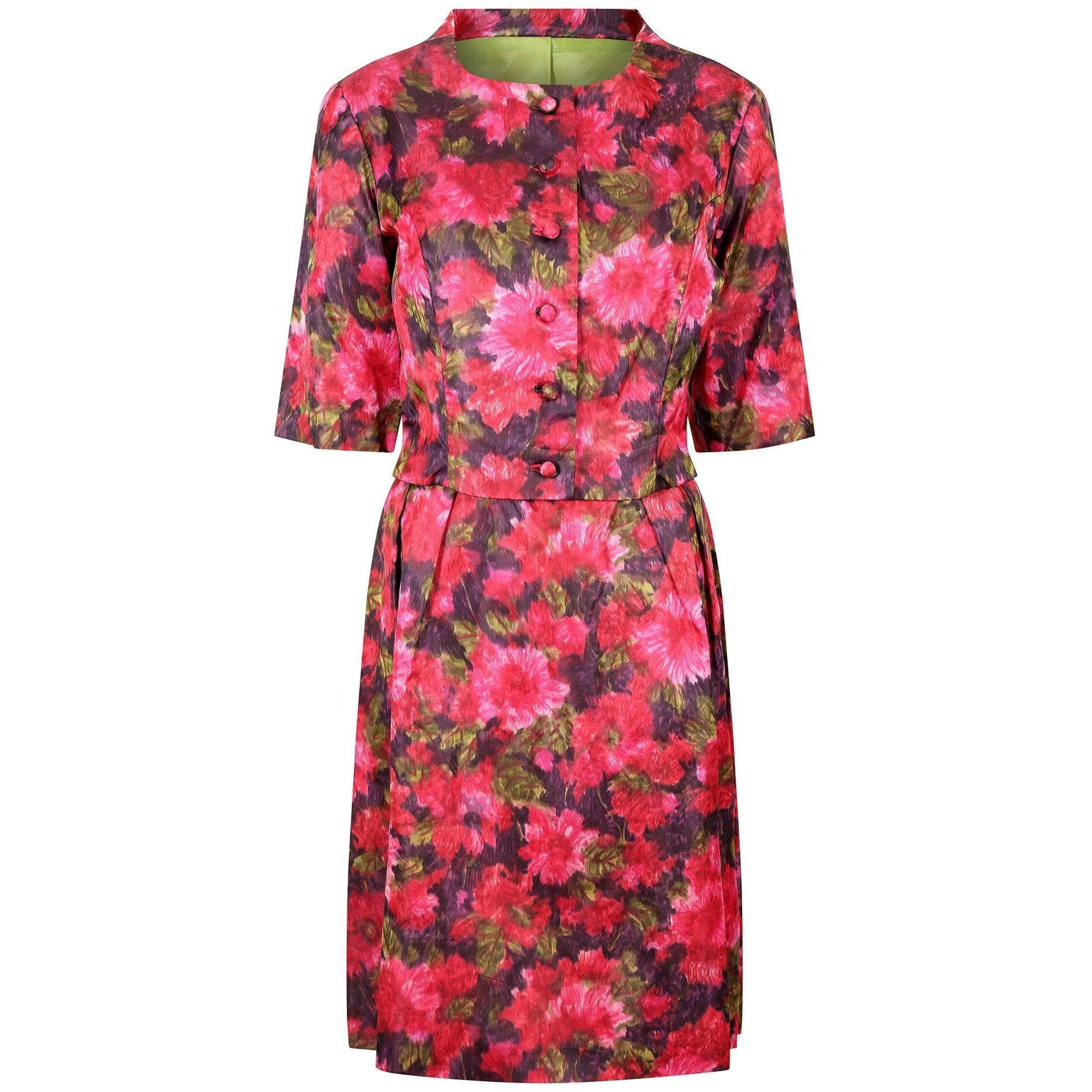 1960s French Couture Floral Satin Print Dress Suit