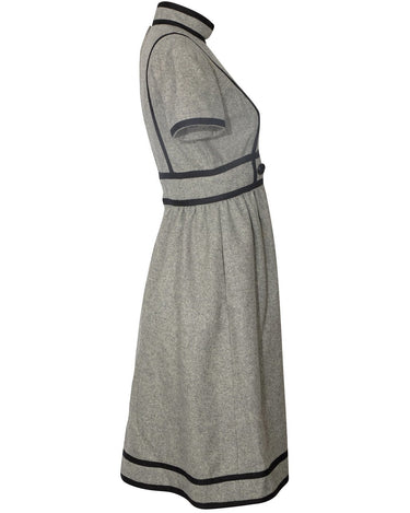 1960s Geoffrey Beene Grey Wool and Black Ribbon Trim Dress