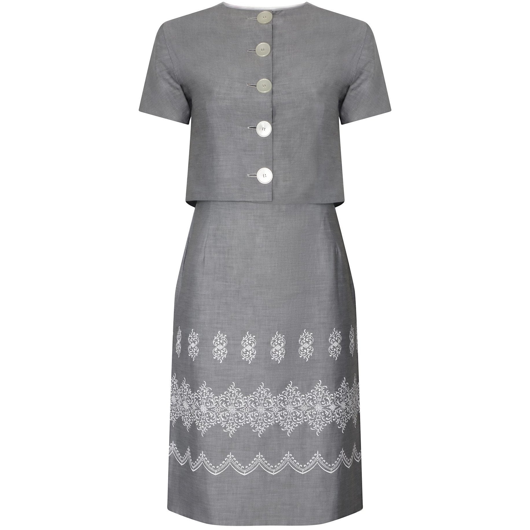 1960s Grey and White Paisley Print Dress Suit