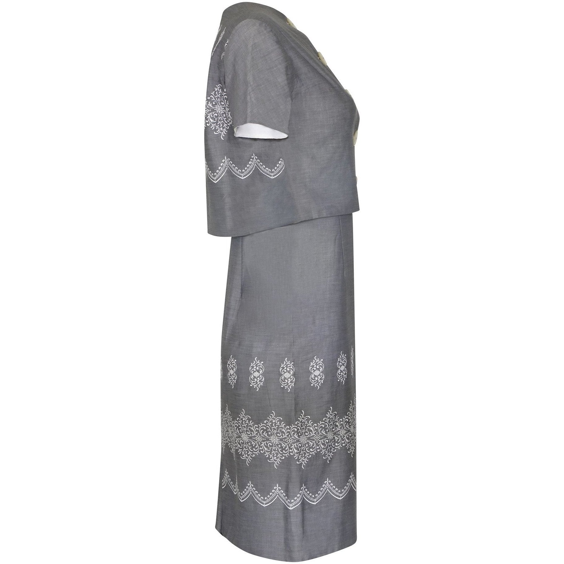 1960s Grey and White Paisley Print Dress Suit