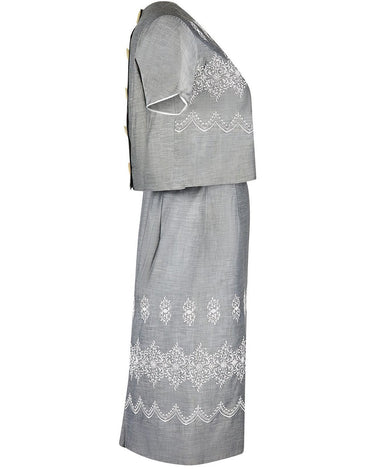 1960s Grey and White Paisley Print Dress Suit