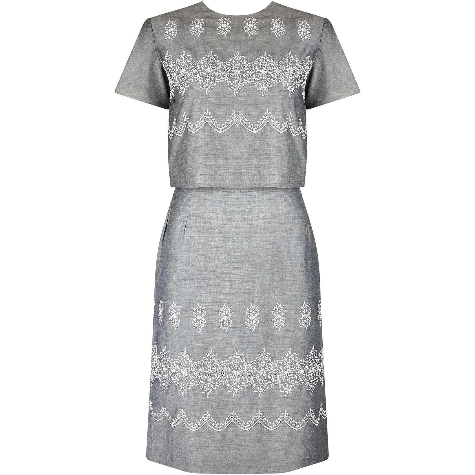 1960s Grey and White Paisley Print Dress Suit