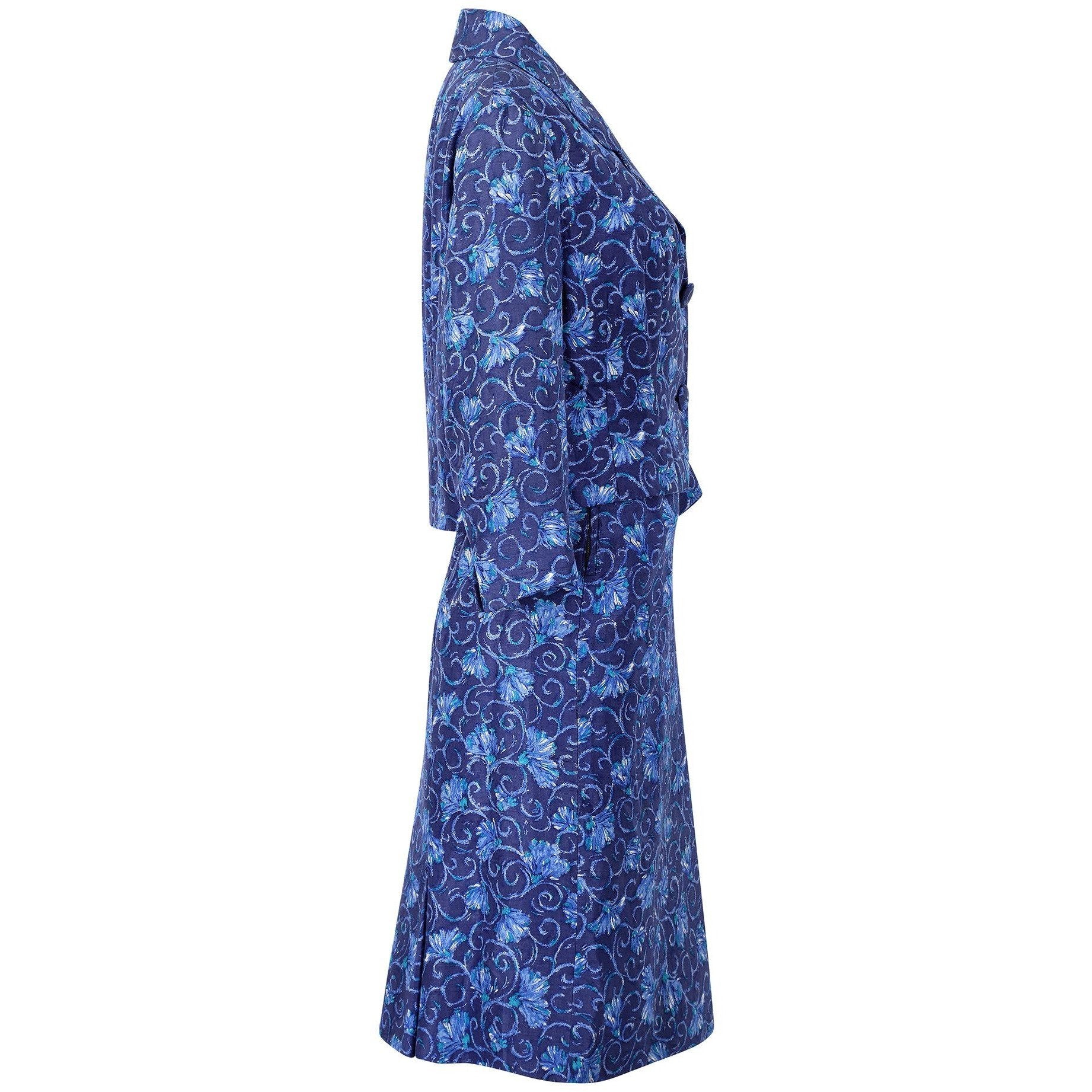 1960s Hardy Amies Blue Floral Silk Skirt Suit