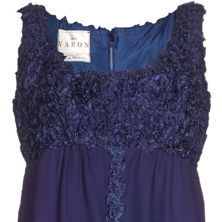 1960s Jean Varon Midnight Blue Evening Gown With Ruffle Detail