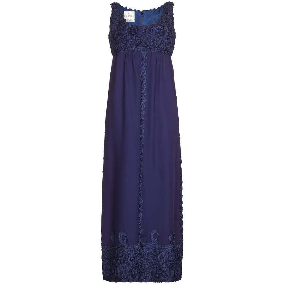 1960s Jean Varon Midnight Blue Evening Gown With Ruffle Detail