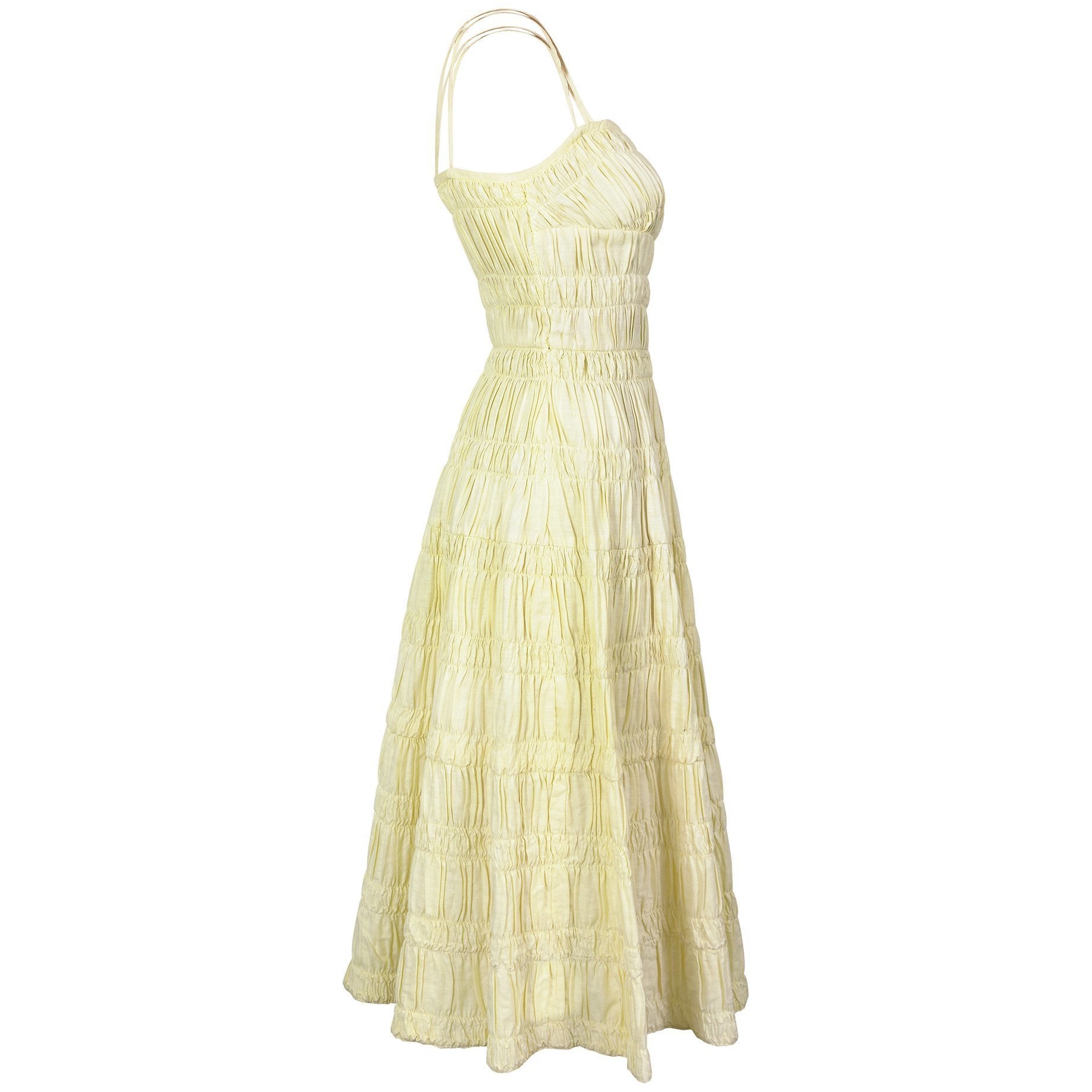 1960s Lemon Yellow Tiered Pleated Spaghetti Strap Dress