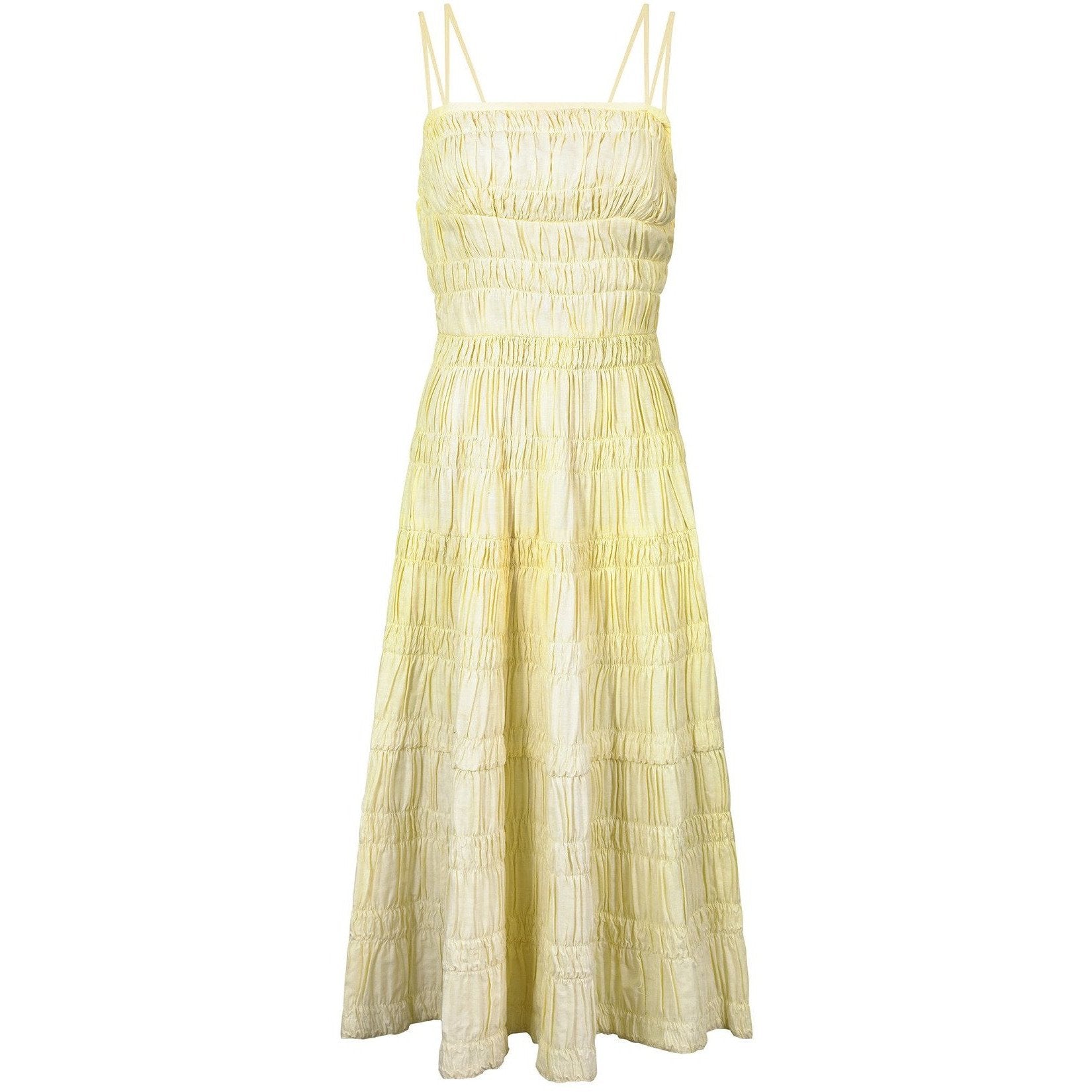 1960s Lemon Yellow Tiered Pleated Spaghetti Strap Dress