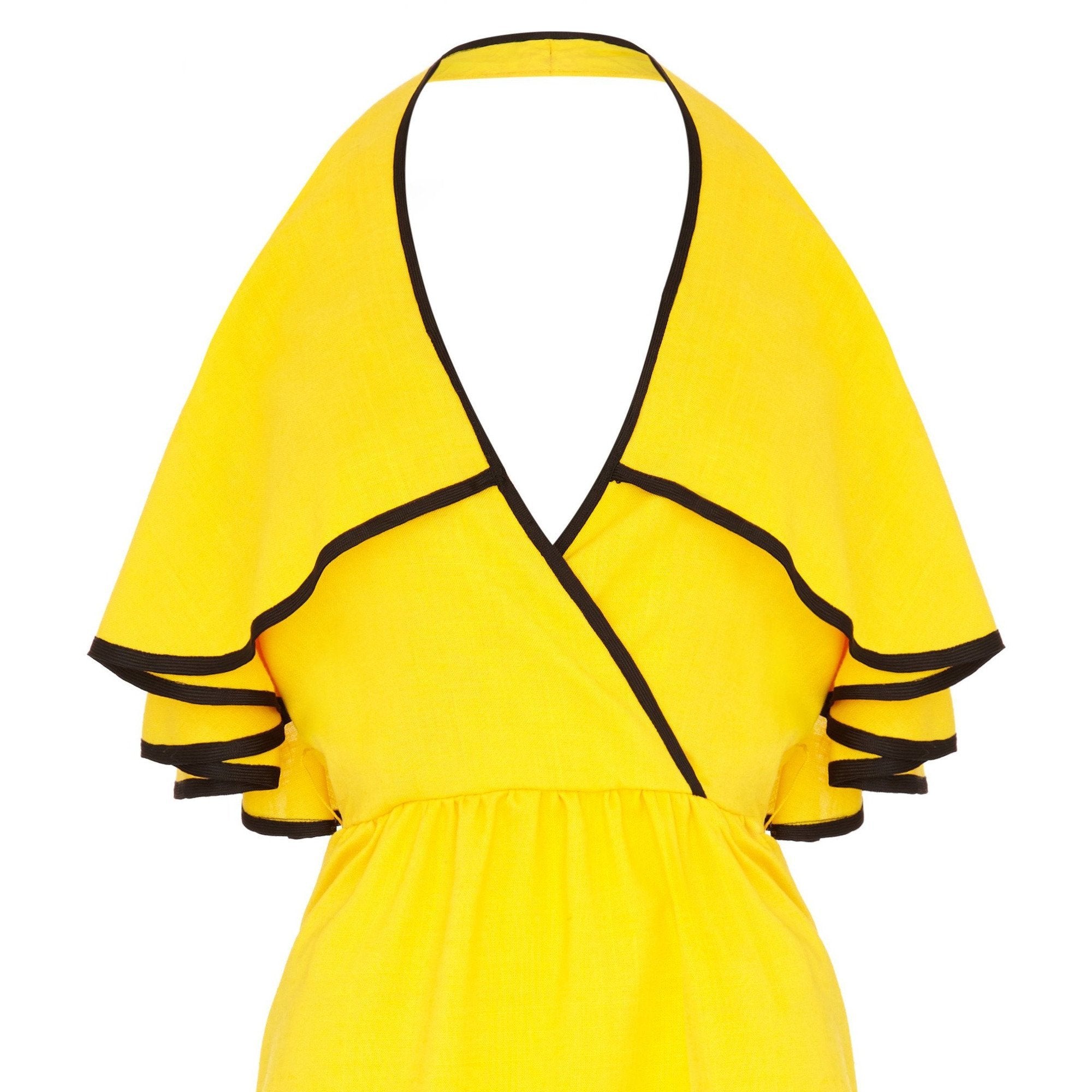 1960s Mollie Parnis Yellow & Black Halterneck Ruffle Dress