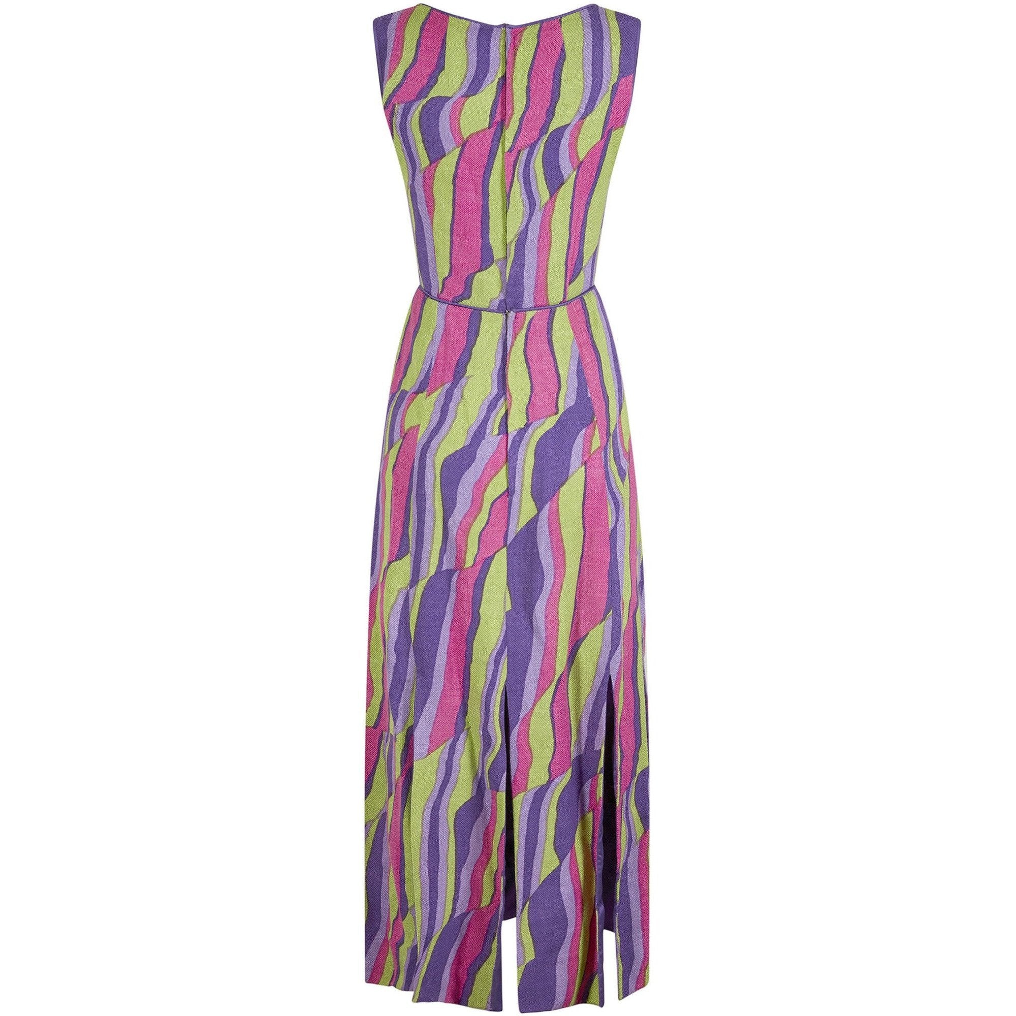 1960s Multicoloured Abstract Print Demi Couture Maxi Dress With Broad Tassel Hem