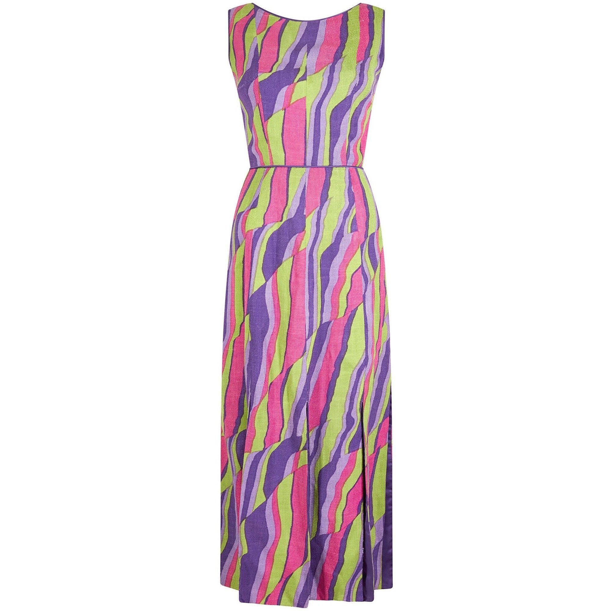 1960s Multicoloured Abstract Print Demi Couture Maxi Dress With Broad Tassel Hem