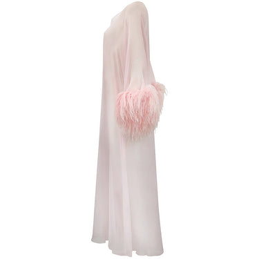 ARCHIVE - 1960s Pale Pink Chiffon Peignoir Gown With Feather Trim