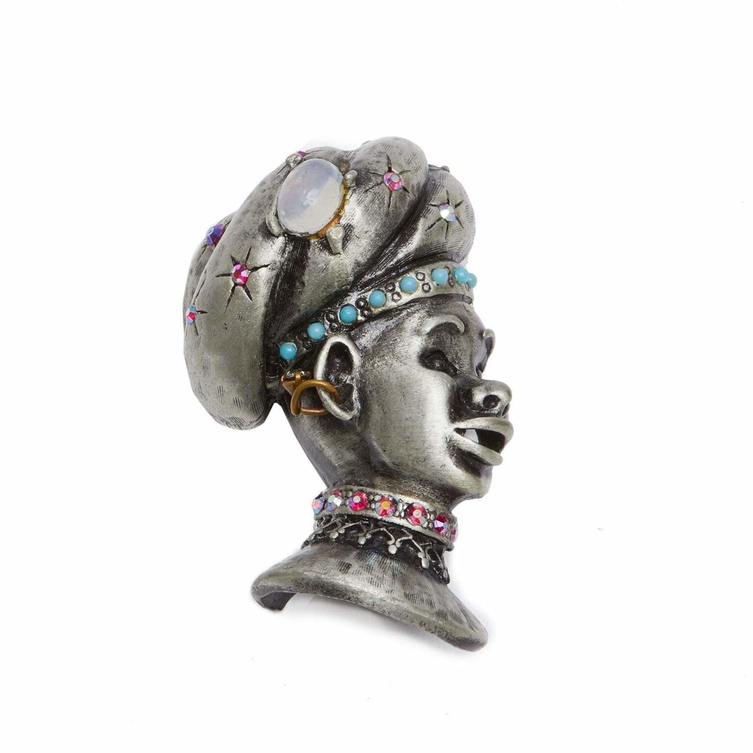 1960s Pewter Har Sultan Blackamoor Brooch With Fantasy Rhinestones