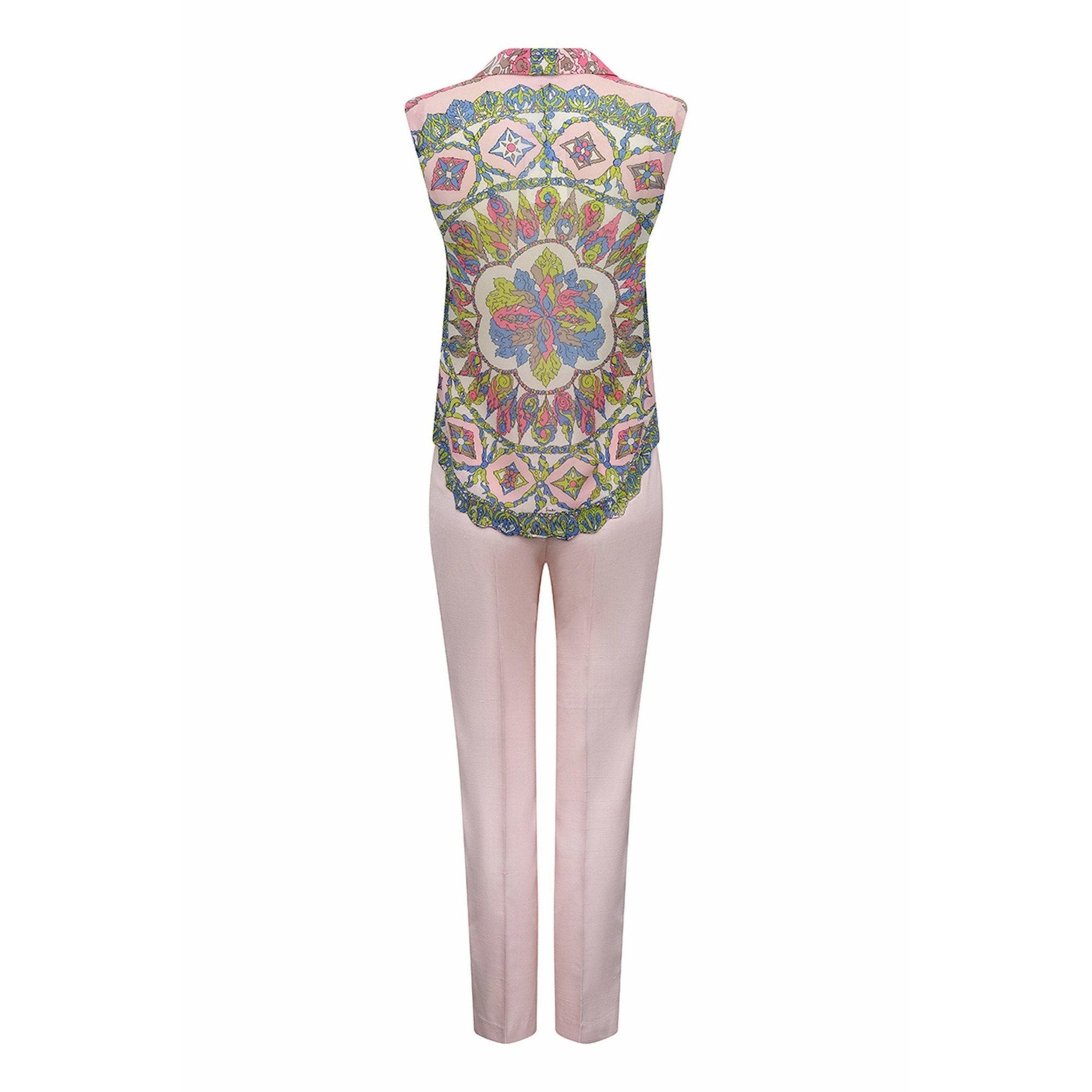 1960s Pucci Silk Pale Pink Trouser Set With Vibrant Rosette Print