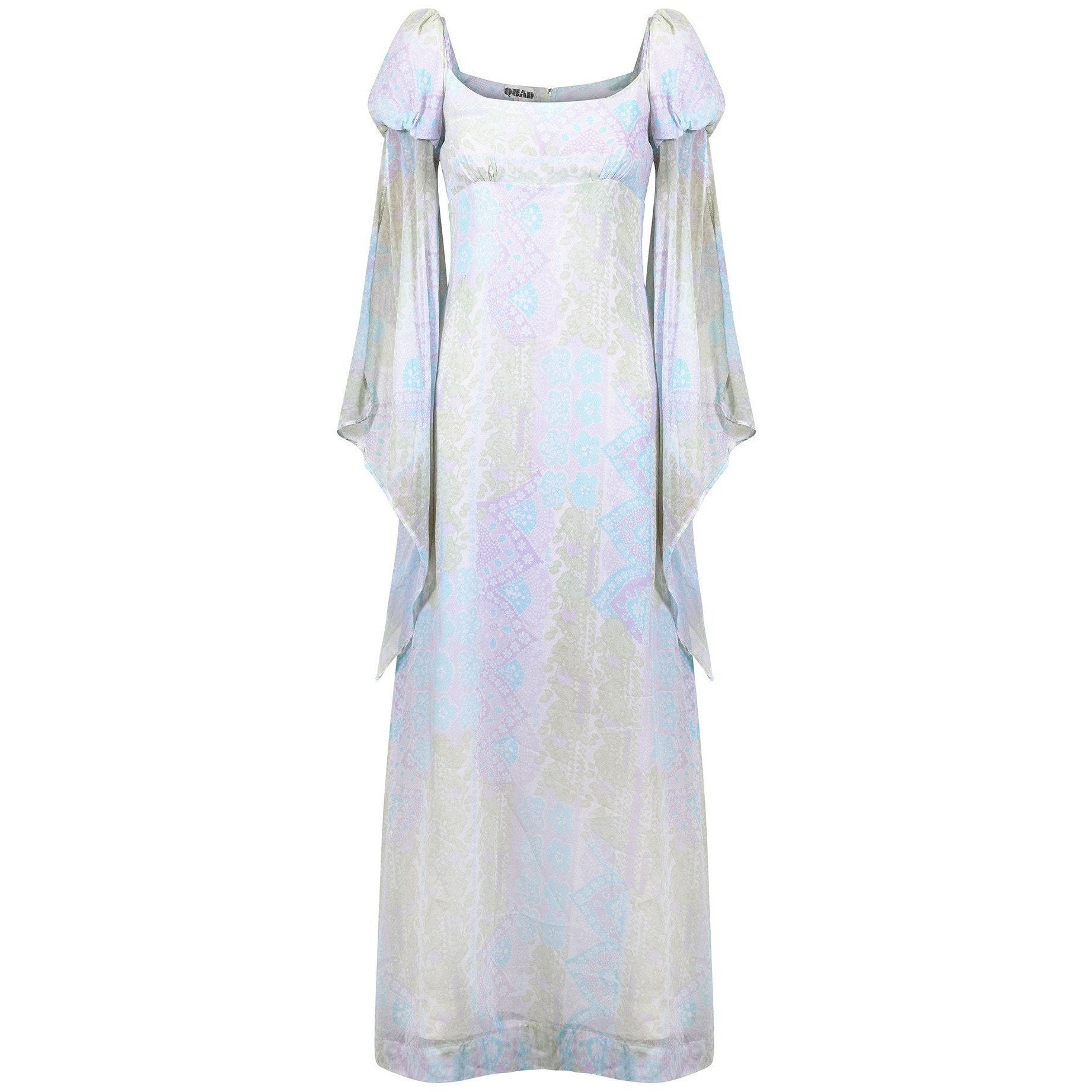 1960s Quad Pastel Mediaeval Style Angel Sleeve Maxi Dress