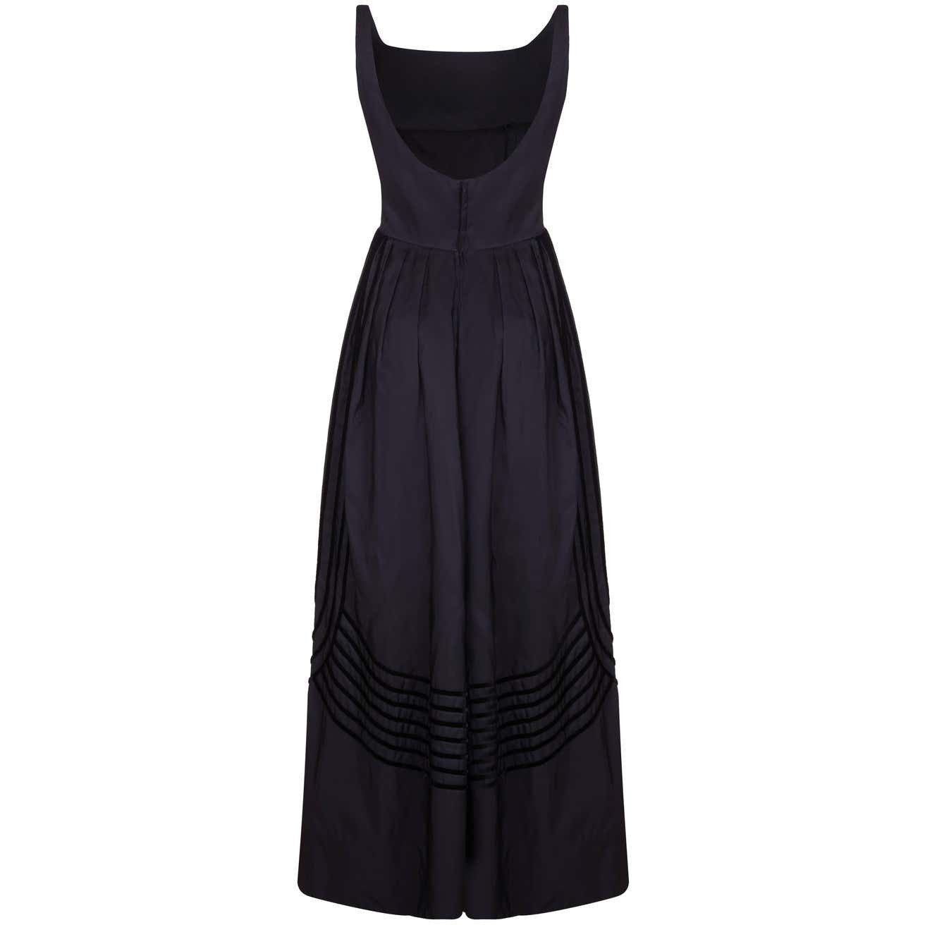 1960s Rappi Black Silk Taffeta Gown with Velvet Applique