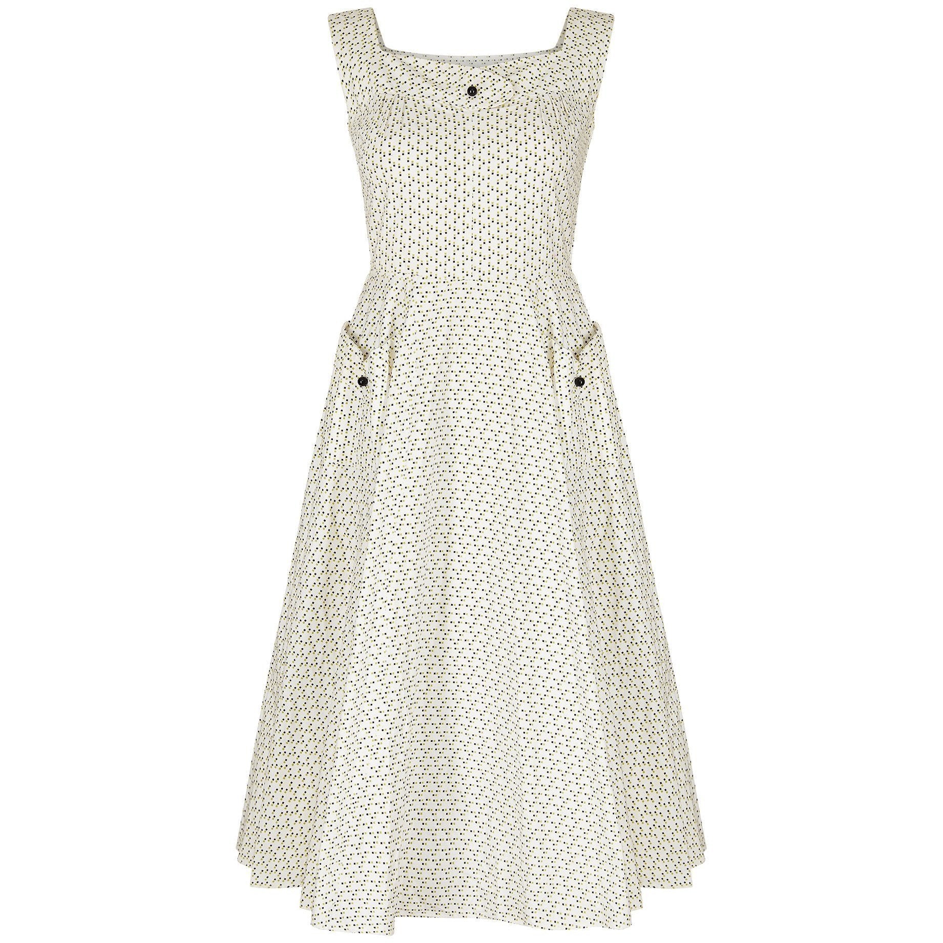 1960s Square Micro Print White Cotton Circle Dress