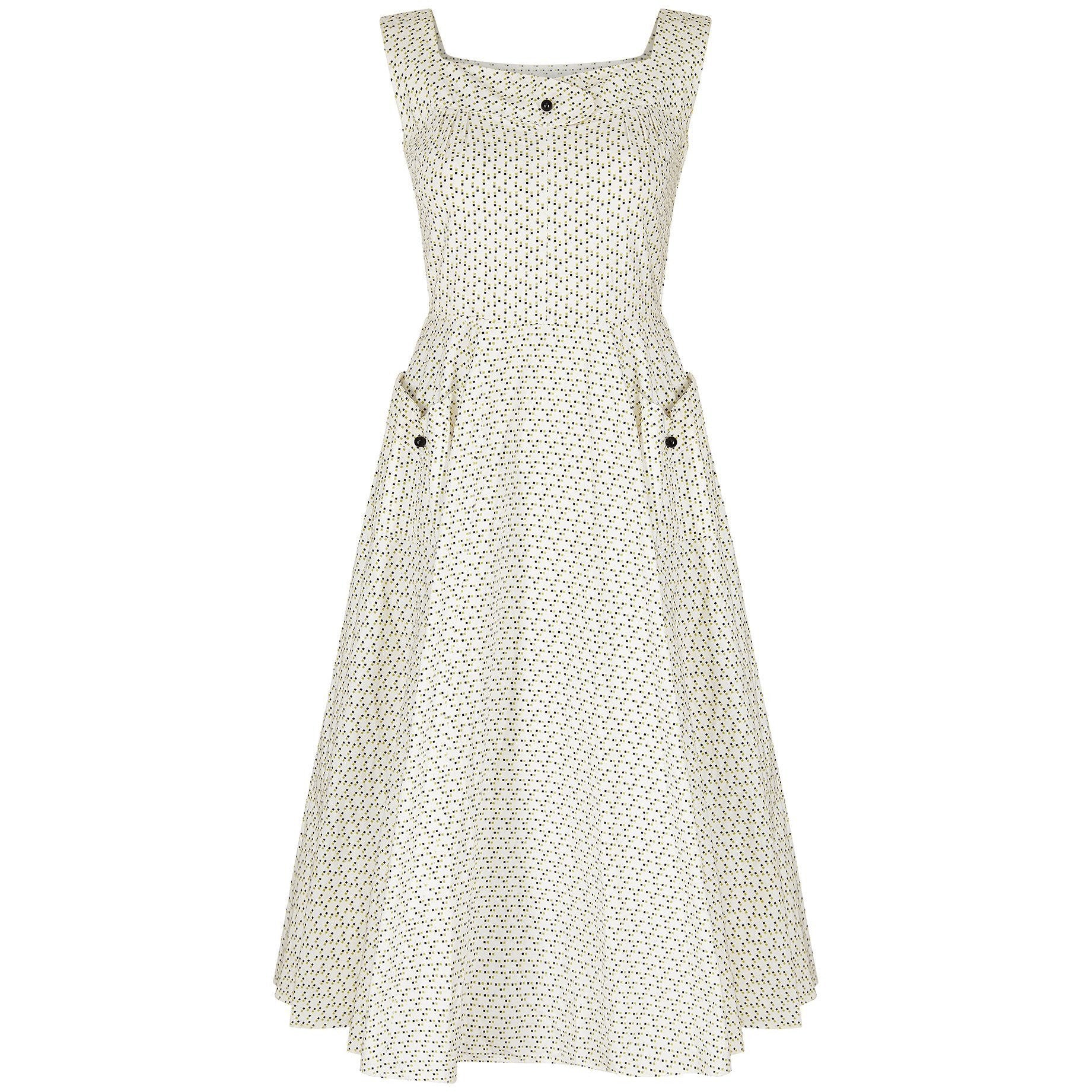 1960s Square Micro Print White Cotton Circle Dress