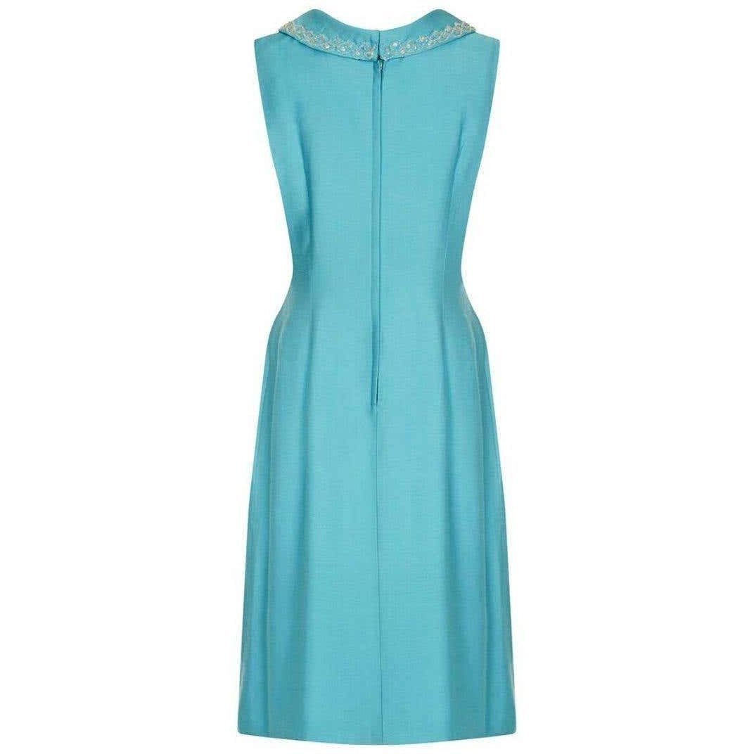 1960s Turquoise Linen Mod Dress With Beaded Collar