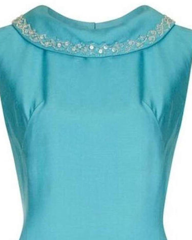 1960s Turquoise Linen Mod Dress With Beaded Collar