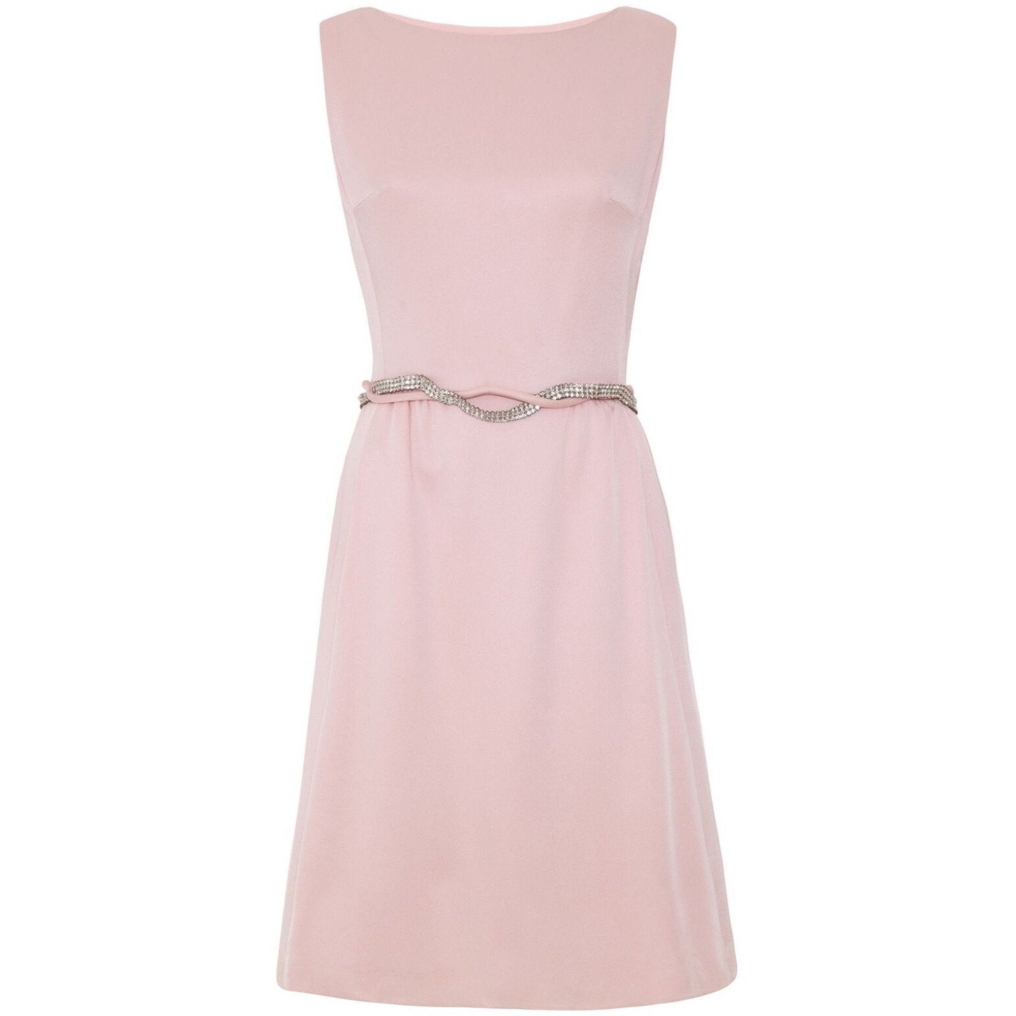 1960’s Victor Costa Pale Pink Satin Dress with Rhinestone Belt
