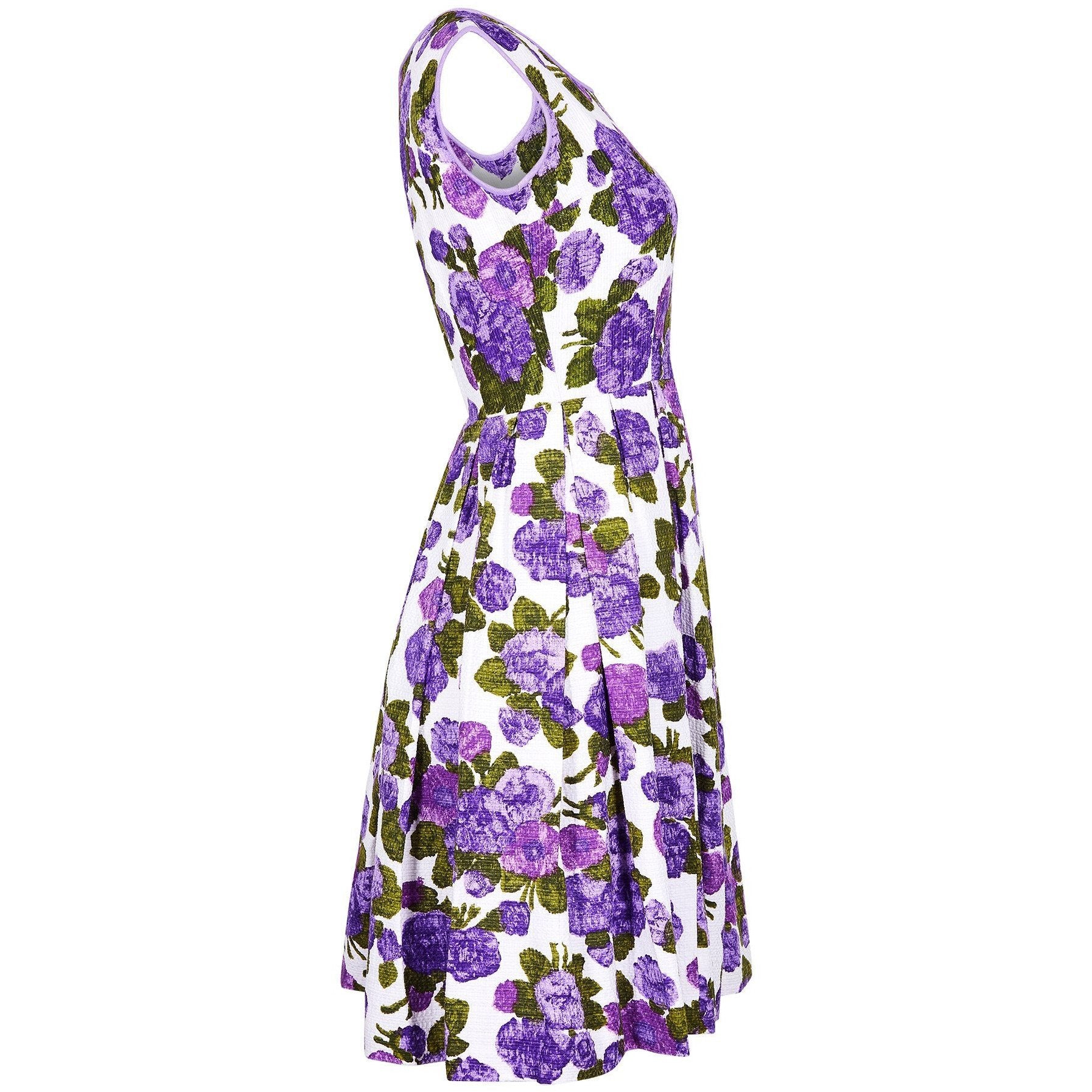 1960s Waffle Cotton Purple Floral Print Dress