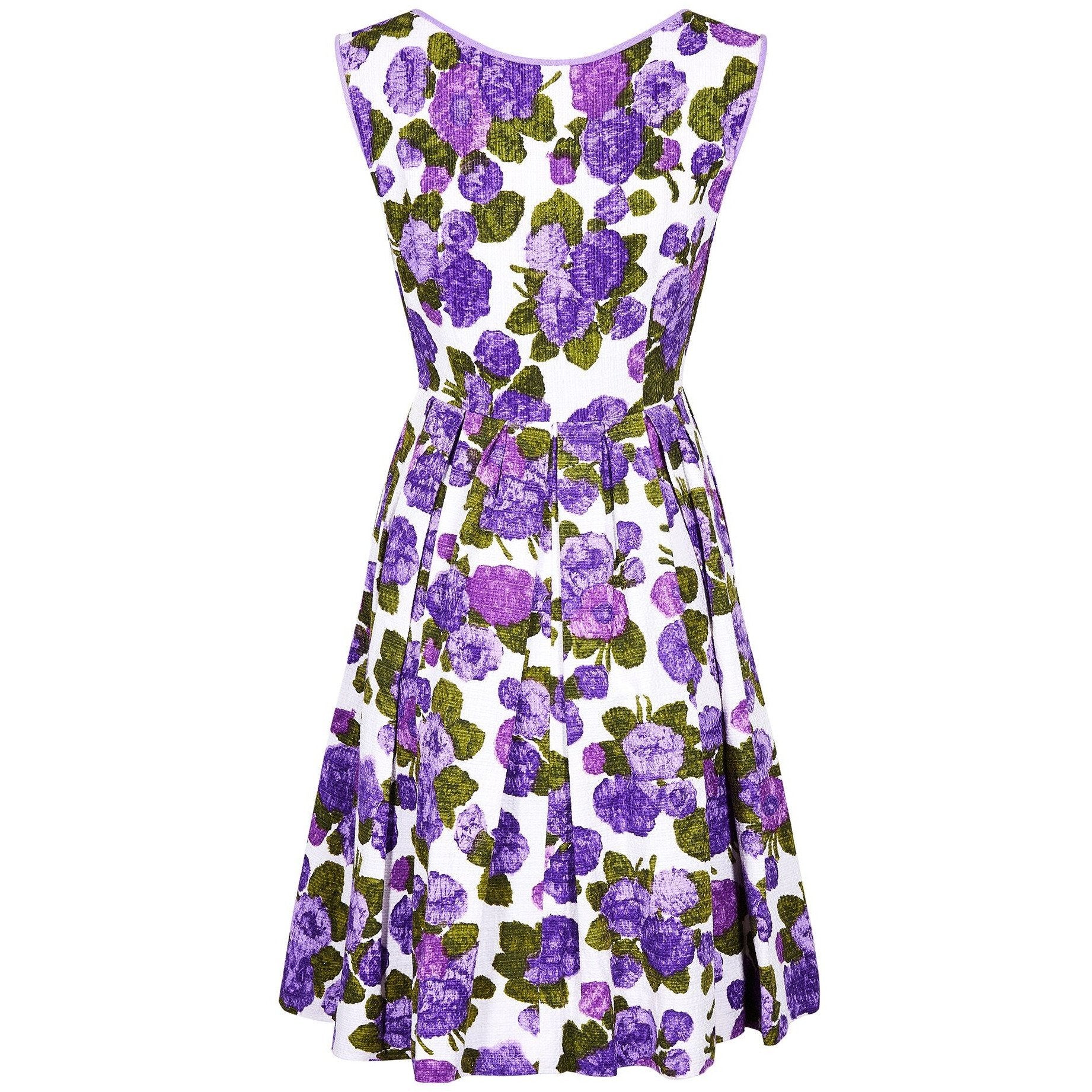 1960s Waffle Cotton Purple Floral Print Dress