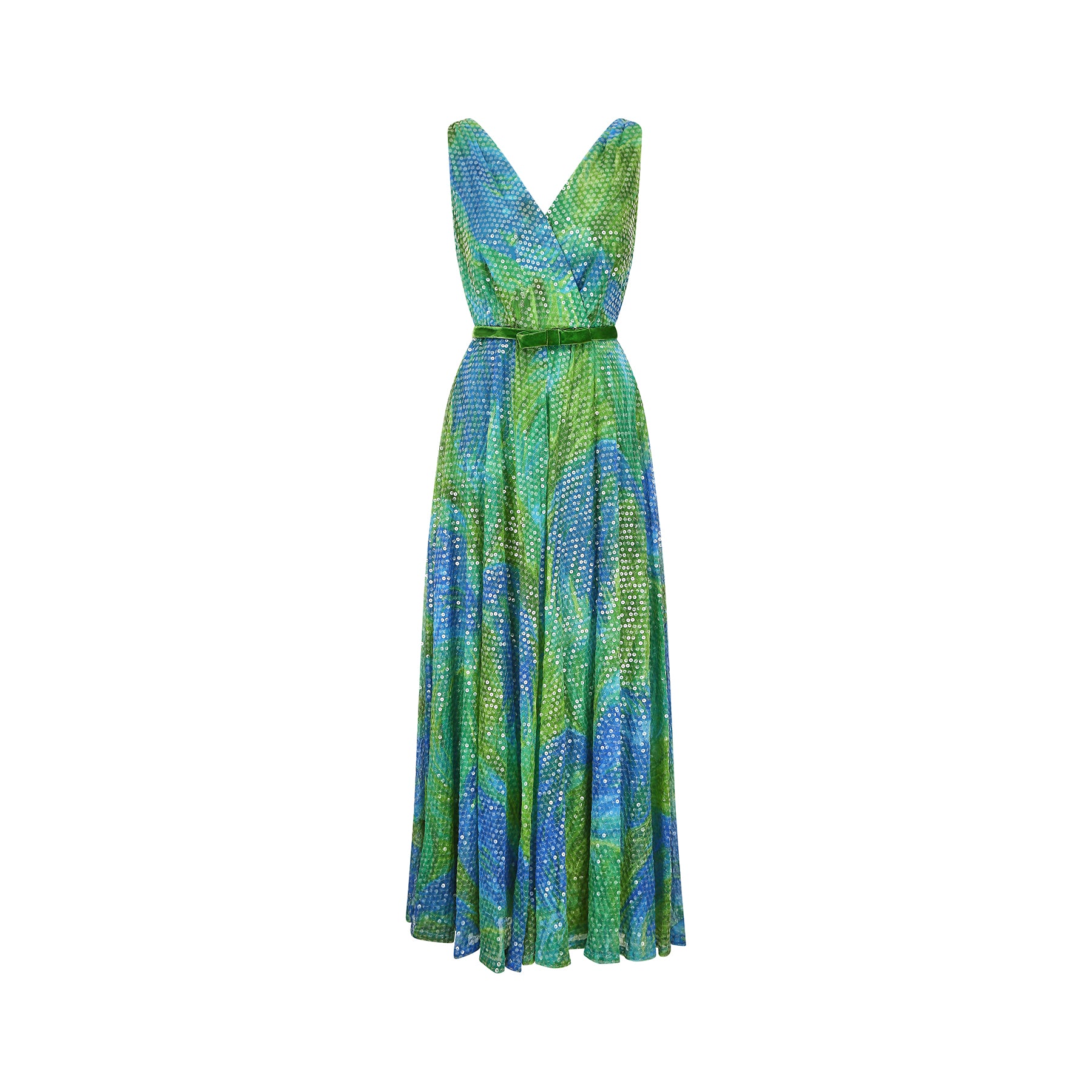 1960s William Travilla Green and Blue Sequin Dress