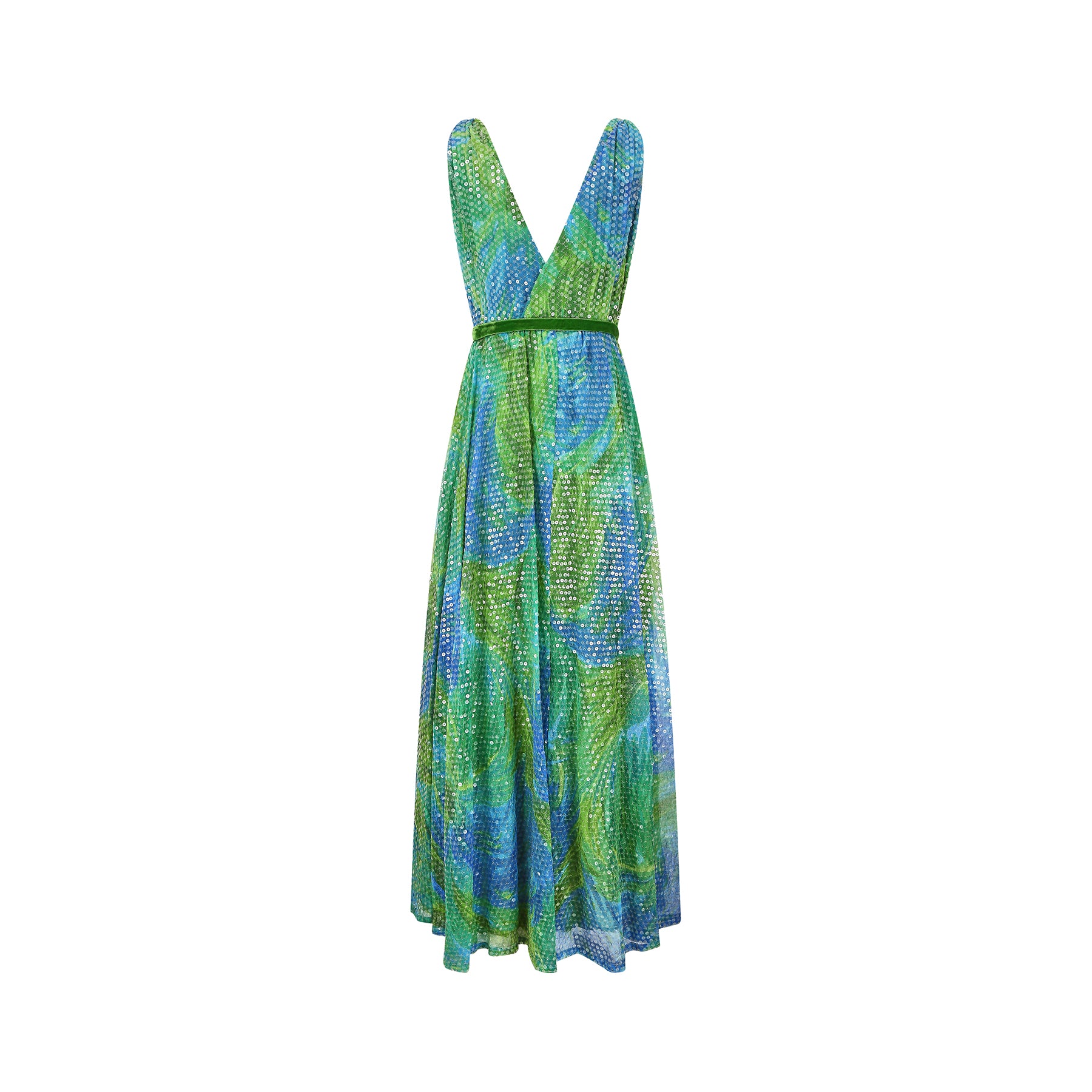 1960s William Travilla Green and Blue Sequin Dress