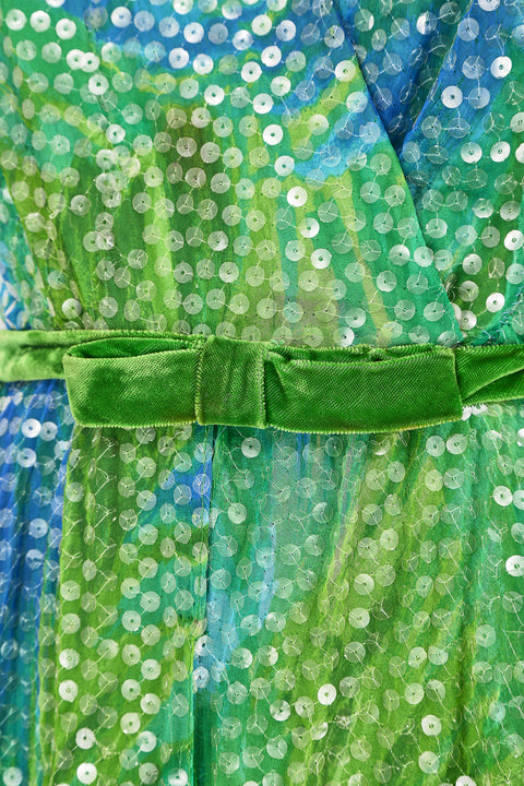 1960s William Travilla Green and Blue Sequin Dress