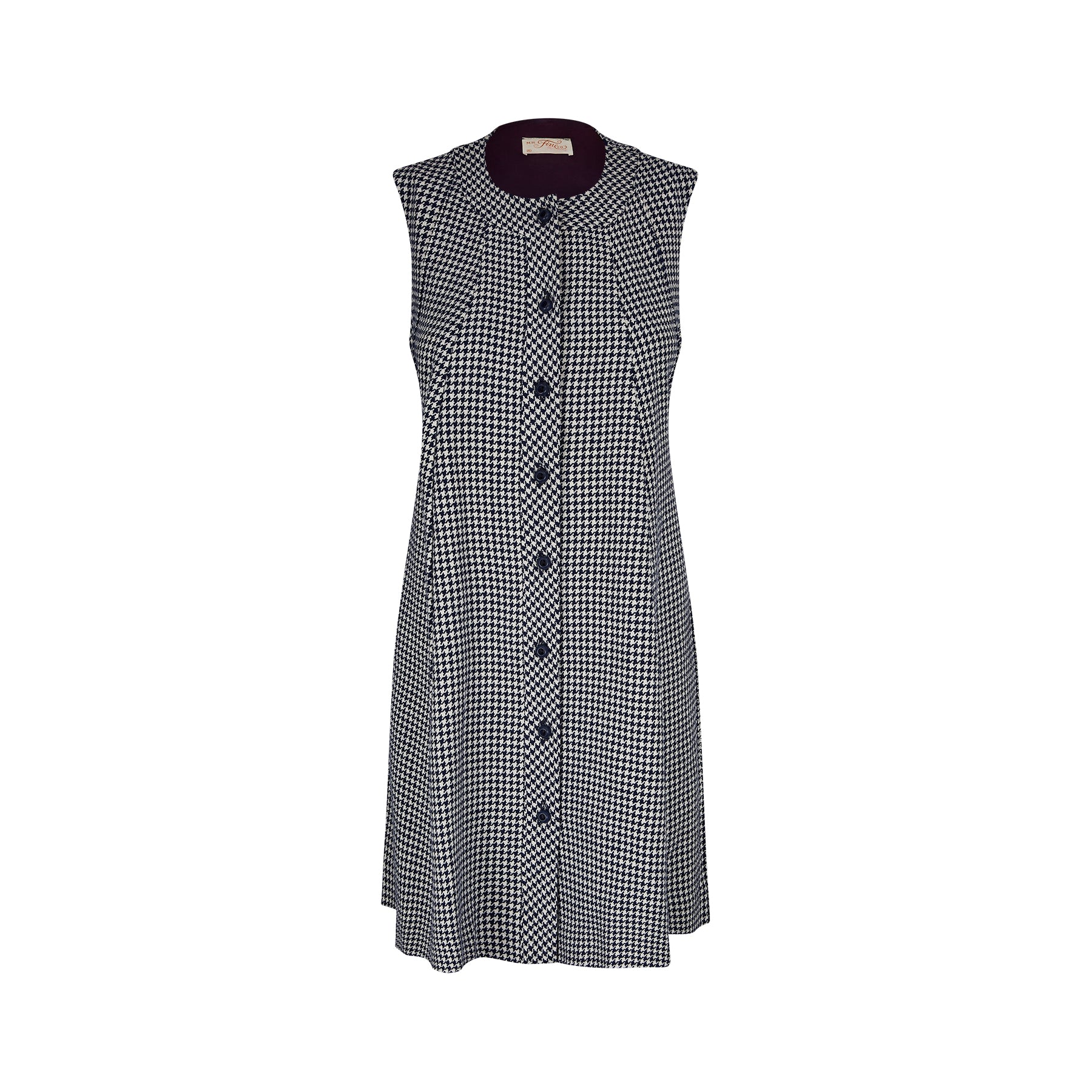 1960s Navy and White Houndstooth Check Woollen Trapeze Dress