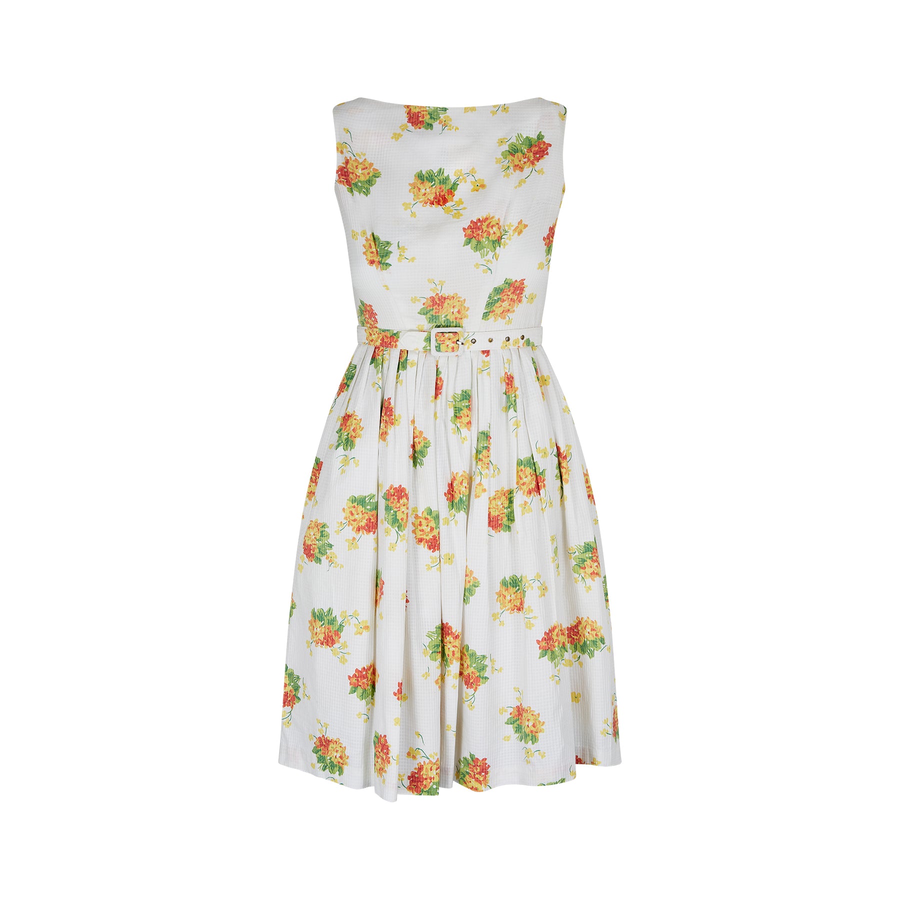 1960s Rhona Roy Waffle Cotton Floral Print Dress with Belt