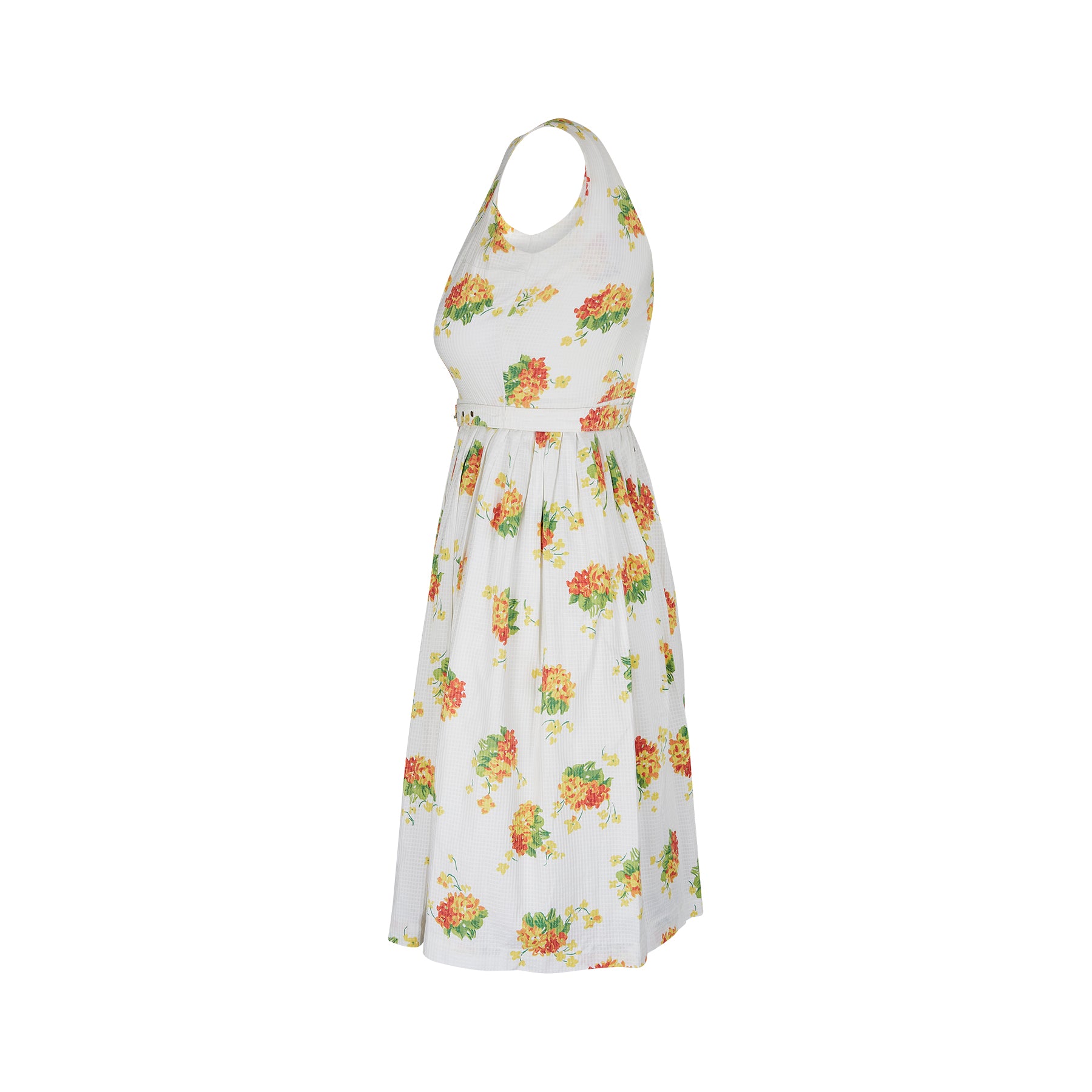 1960s Rhona Roy Waffle Cotton Floral Print Dress with Belt