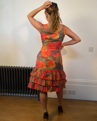 1960s Ruffle Tiered Orange and Pink Watercolour Floral Print Dress-CIRCA VINTAGE LONDON