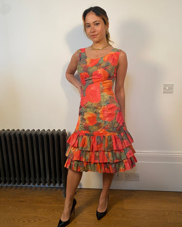 1960s Ruffle Tiered Orange and Pink Watercolour Floral Print Dress-CIRCA VINTAGE LONDON