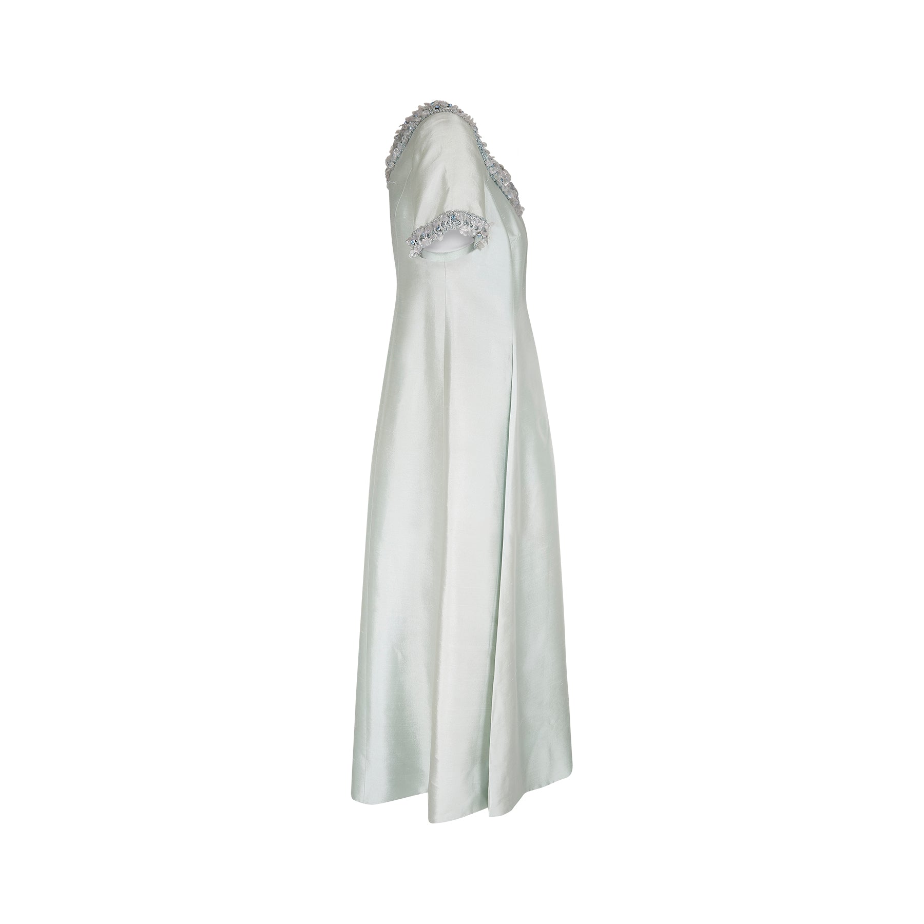 1960s Pale Green Silk Gazar Embellished Couture Dress