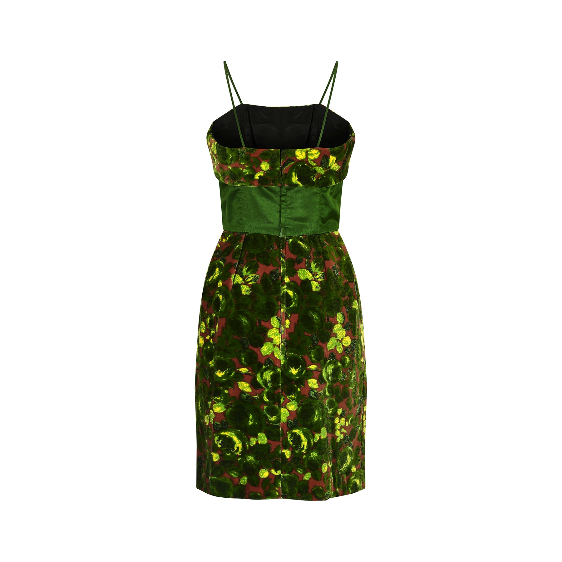 1960s Velvet and Green Satin Rose Print Dress