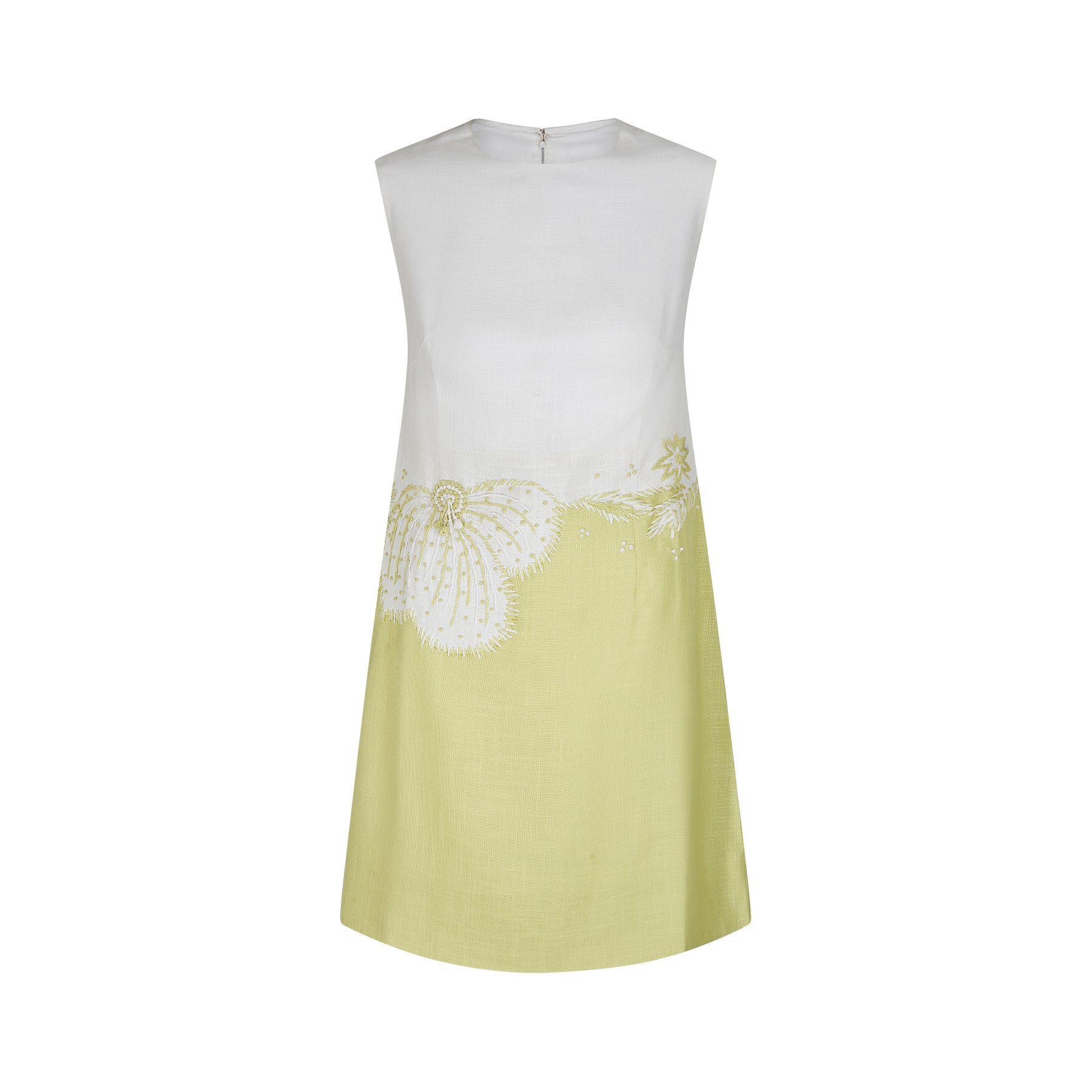ARCHIVE: 1960s White and Lime Green Linen Dress with Embroidery