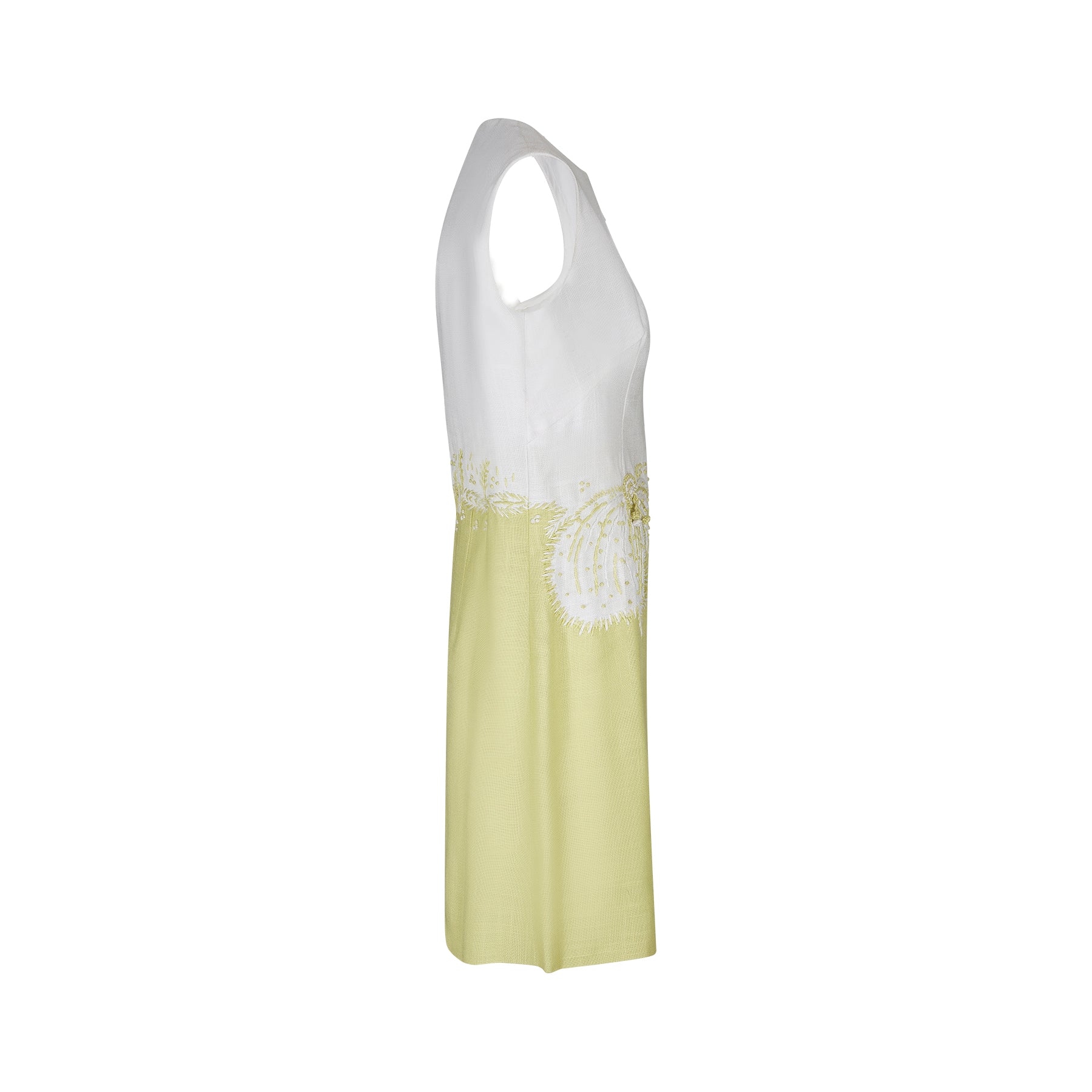 ARCHIVE: 1960s White and Lime Green Linen Dress with Embroidery