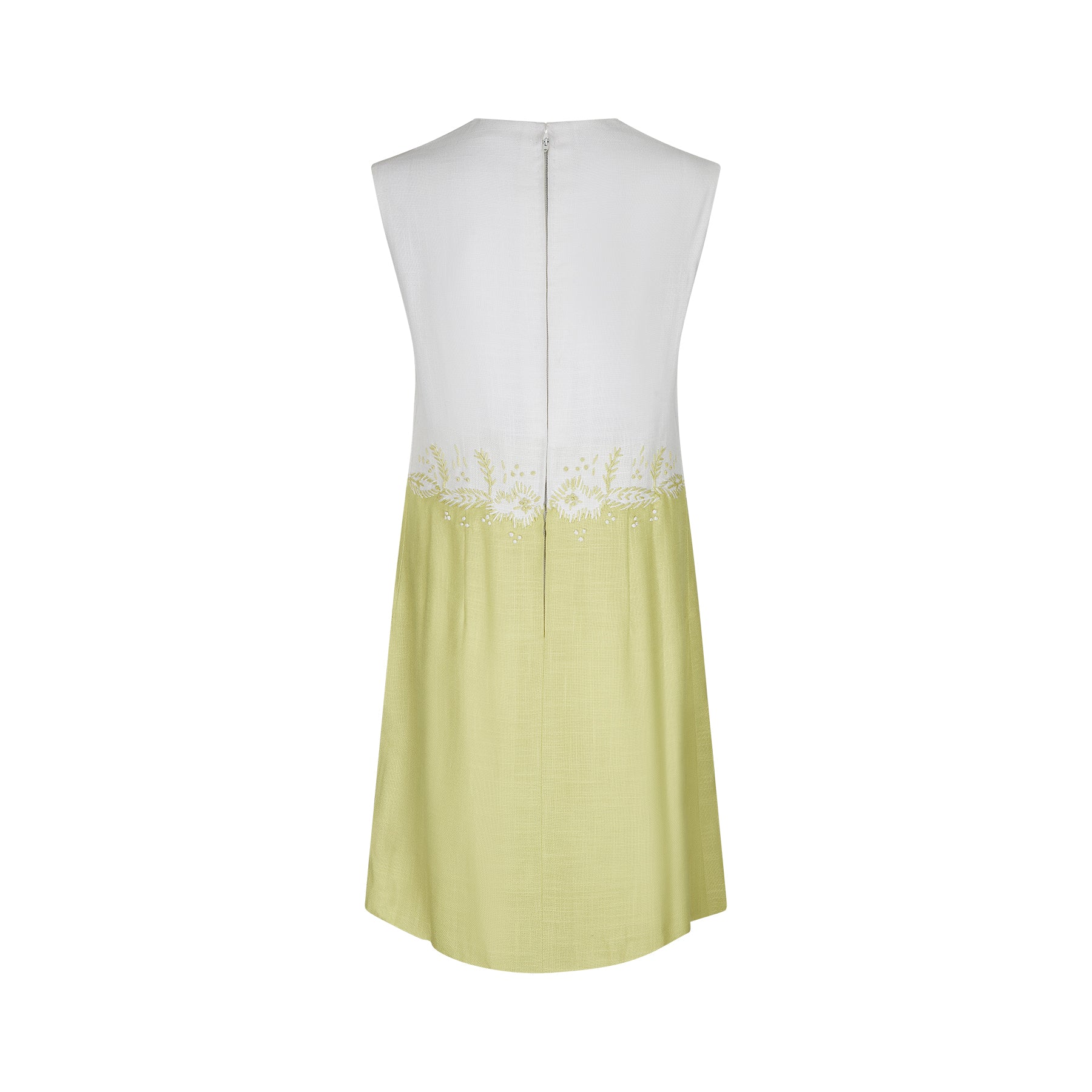 ARCHIVE: 1960s White and Lime Green Linen Dress with Embroidery