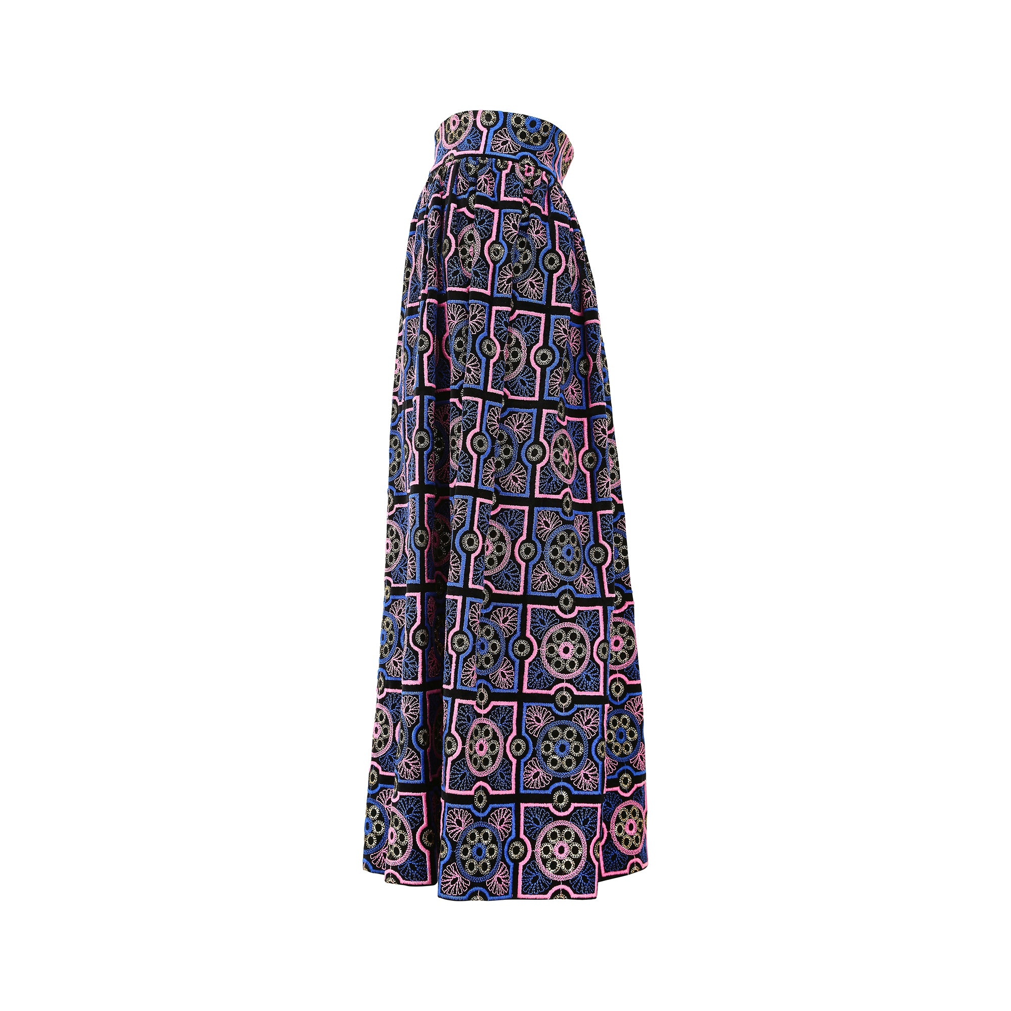 1970s Adolfo Blue and Pink Embroidered Velvet Maxi Skirt