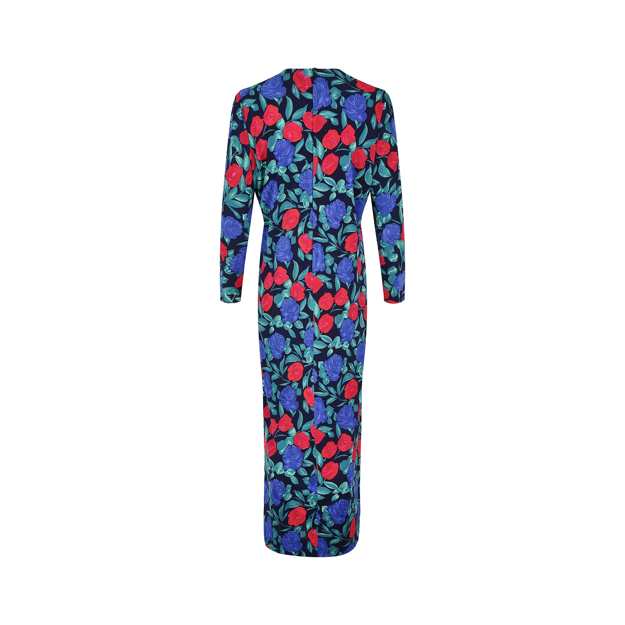 1970s Blue and Red Rose Print Silk Jersey Dress