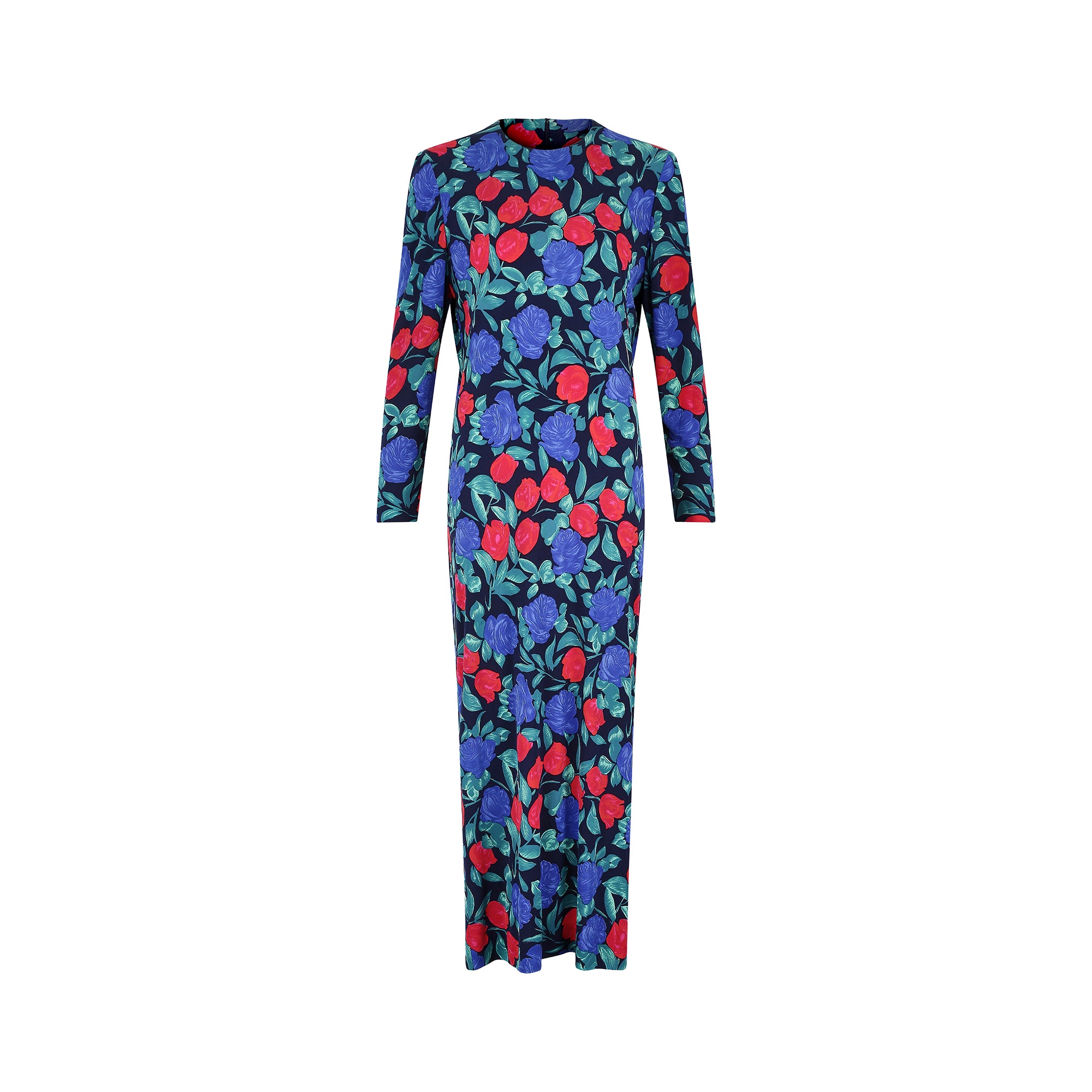 ARCHIVE - 1970s Blue and Red Rose Print Silk Jersey Dress
