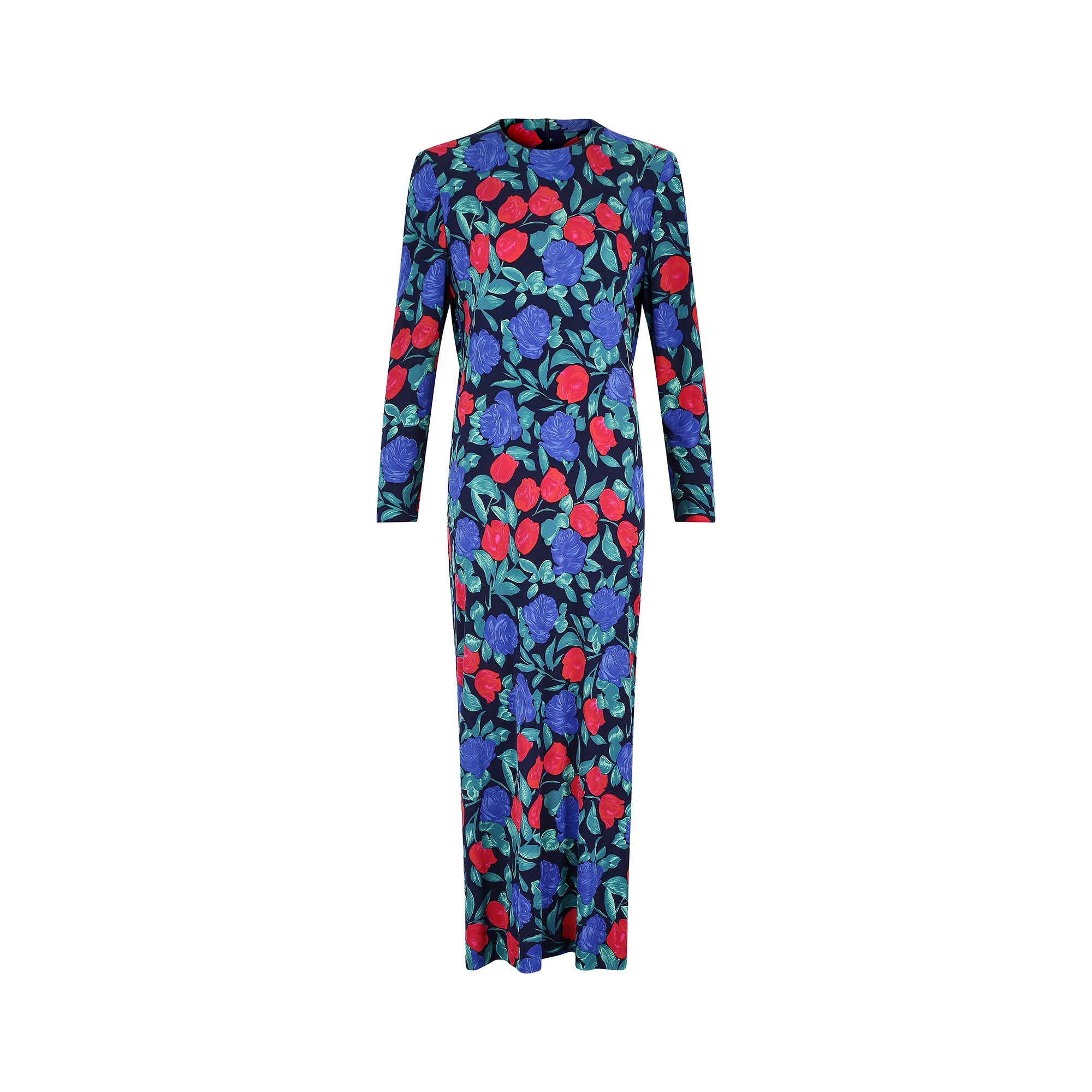 1970s Blue and Red Rose Print Silk Jersey Dress