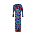 1970s Blue and Red Rose Print Silk Jersey Dress