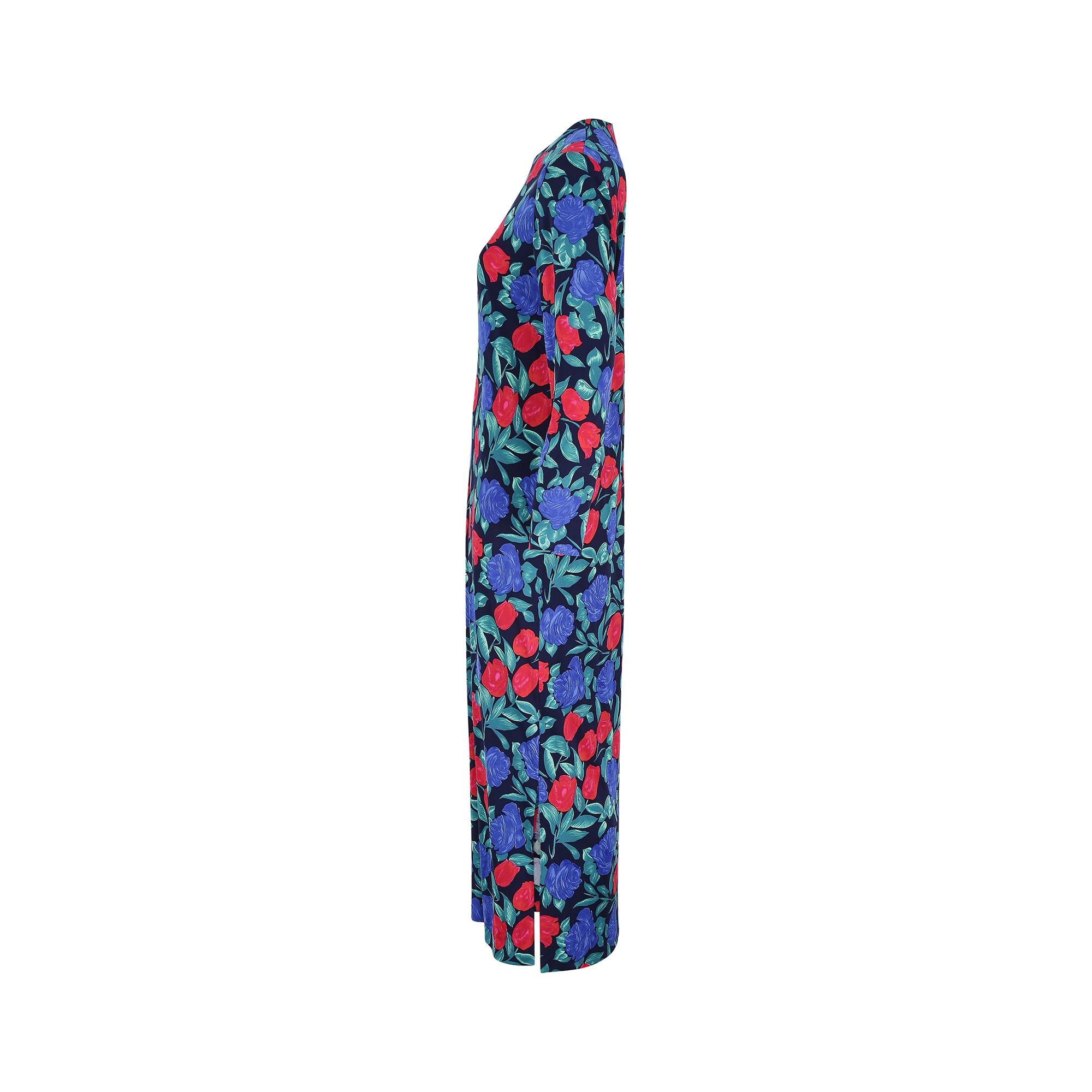 ARCHIVE - 1970s Blue and Red Rose Print Silk Jersey Dress